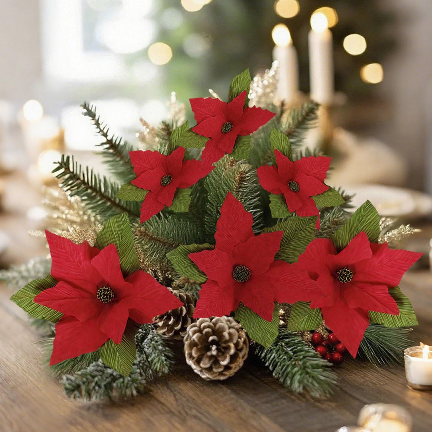 Handmade Poinsettia Christmas Flowers Decoration, Crepe Paper Poinsettia Flower with Clips Christmas Tree Artificial Flower Decorations with Stems for DIY Xmas Wreath Holiday Party Home Wall Decor
