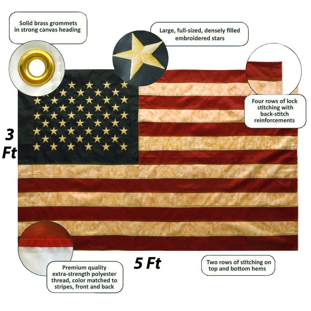 ANLEY Vintage Style Tea Stained American Flag 3x5 Foot - Embroidered Stars and Sewn Stripes - 4 Rows of Lock Stitching - Antiqued US National Banner Flags with Brass Grommets 3 X 5 Ft
