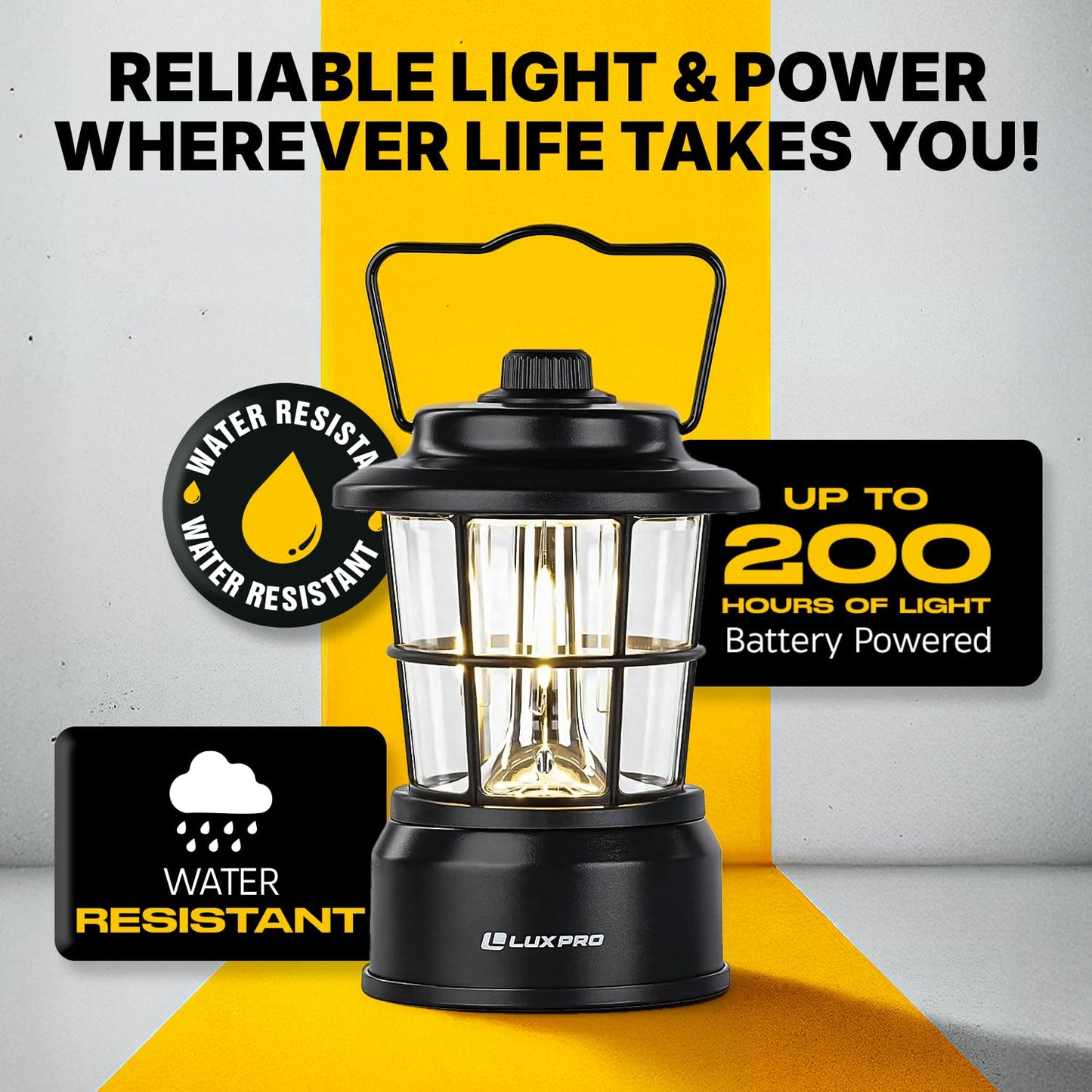 LUXPRO Retro LED Lantern - Battery-Powered Emergency Lantern - Water Resistant - Bright LED Lamp for Indoor & Outdoor Use - Use for Tents, Hiking or Hurricane Prep (Black, Pack of 2)