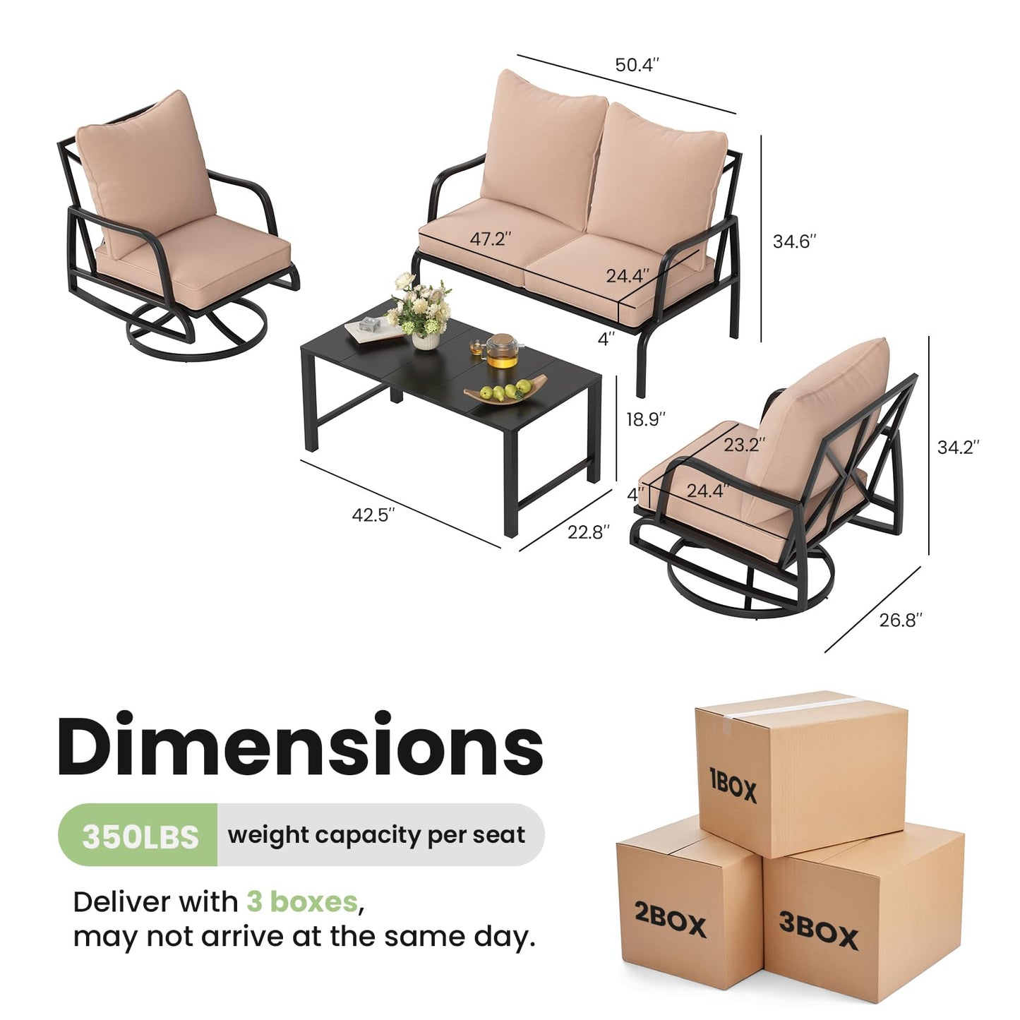 Soohow Outdoor Patio Conversation Set, 4 Seat Patio Furniture Set, Loveseat Sofa + 2 Swivel Sofa with 4" Cushion & Coffee Table for Porch, Poolside, Deck, and Yard