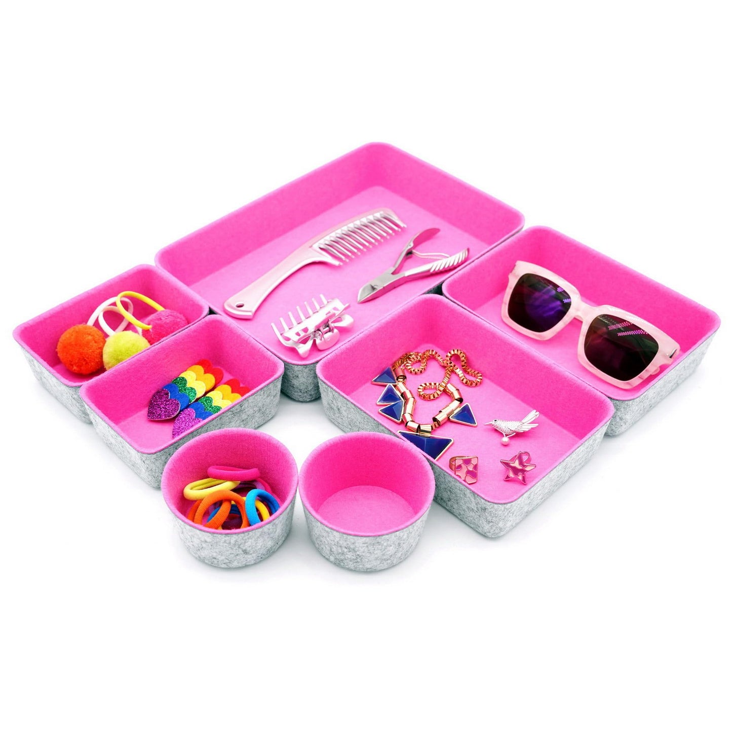 Welaxy Drawer organizers bins felt trays desk storage dividers small round organizing box for office supplies closet cabinet makeup holder 7-piece (Hot pink)