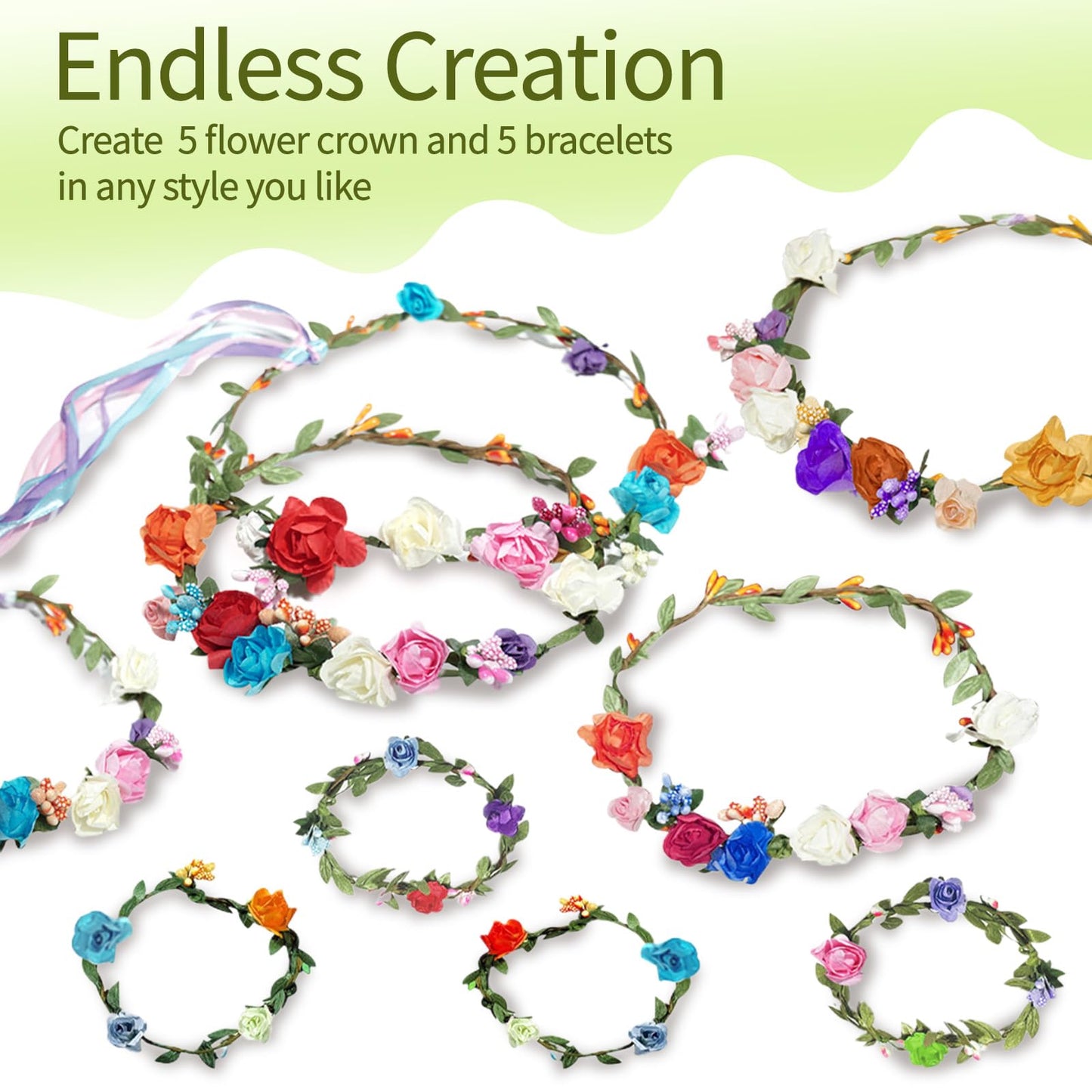 EggSun Flower Crown Making Kit for Girls Kids Gift Tea Party Spring Craft Bracelet DIY Fairy Flower Crown Kit Kids Birthday Party Floral Hair Arts Crafts Spring Easter Gift for Girls 5 6 7 12 Year Old