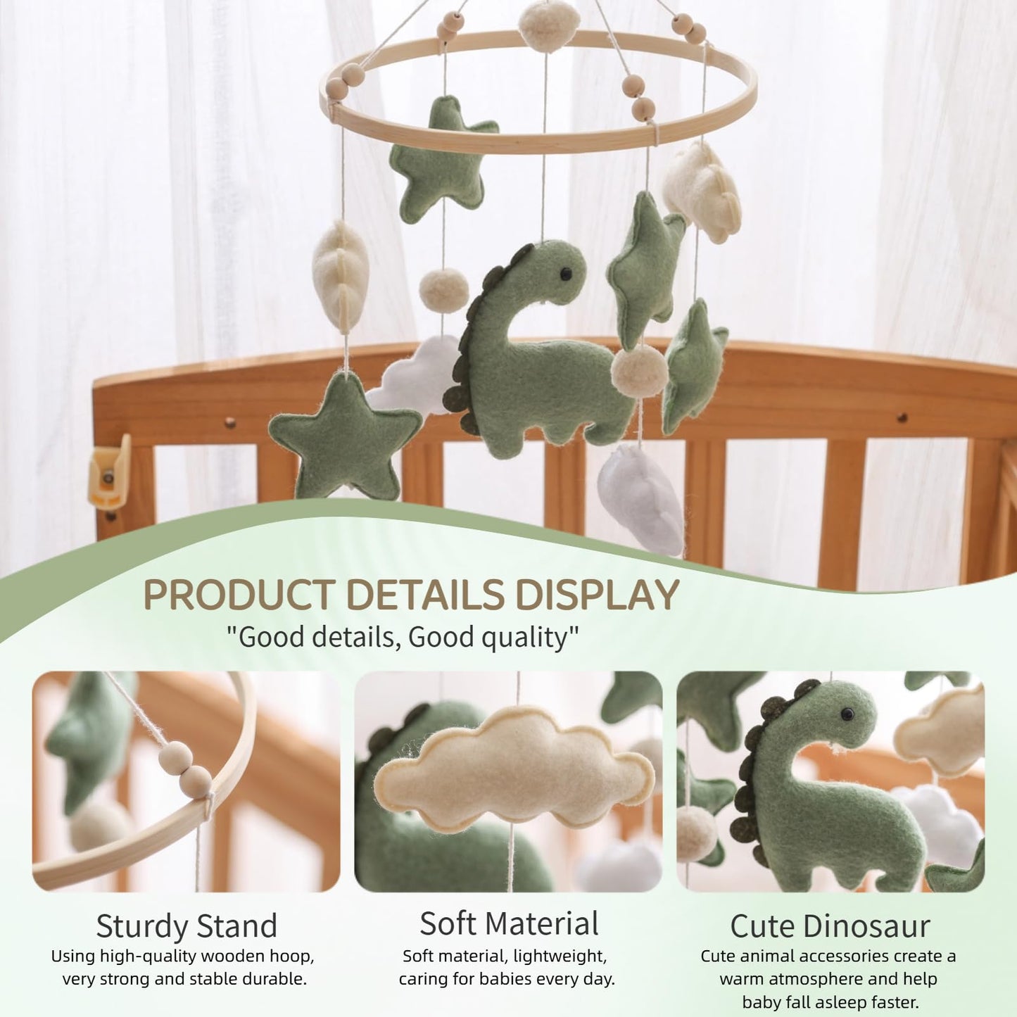 Soft Green Dinosaur Theme Baby Mobile for Crib, Simple Crib Bell for Boys and Girls,Handmade Felt Clouds Nursery Ceiling Decoration,Easy to Install Cotton Animal Charms for Bassinet