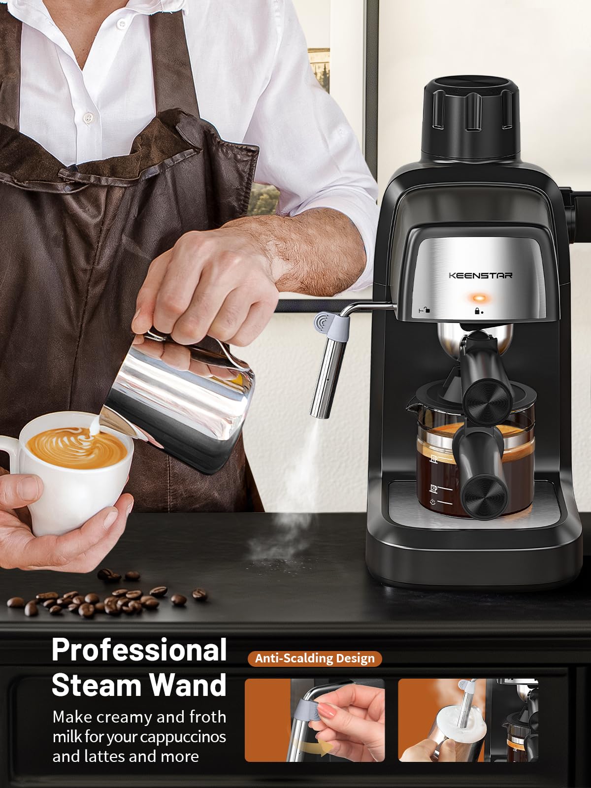KEENSTAR 3.5Bar Espresso Machine with Milk Frother, 800W Compact Espresso and Cappuccino Machine with Preheating Function, 4 Cup Espresso Maker for Cappuccino or Latte, Gift for Coffee Lover