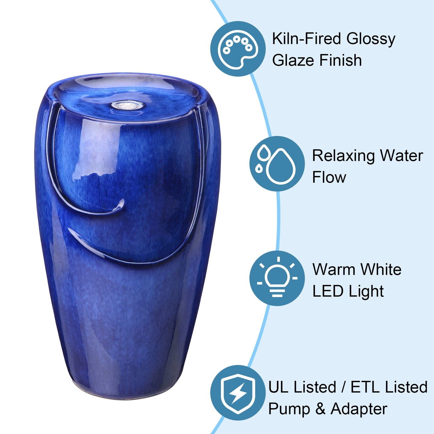 Glitzhome Ceramic Vase Outdoor Water Fountain Tall Patio Garden Water Fountain with LED Light and Submersible Pump Yard Art Decor, 20.5”H, Blue