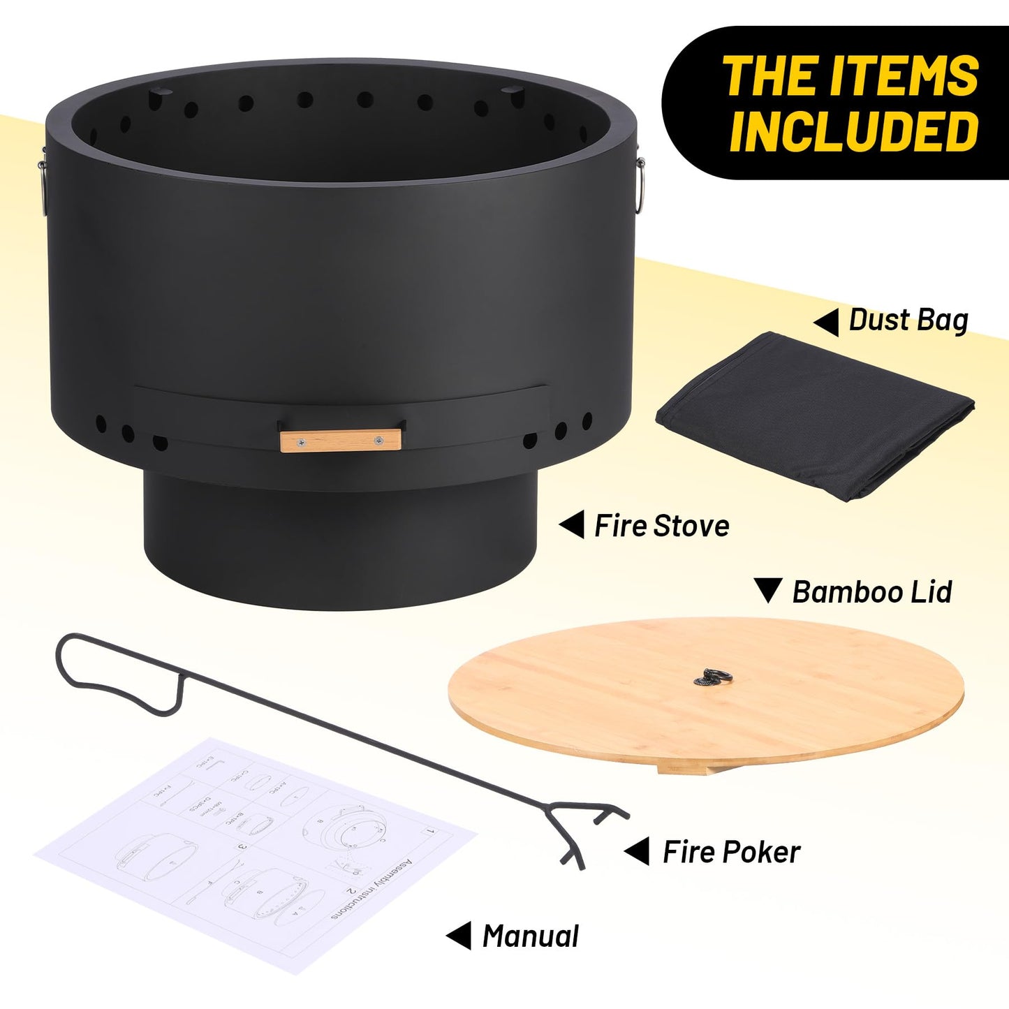 Garvee 26 in Smokeless Fire Pits, Wood Burning Firepits with Fire Poker, Outdoor Portable Fire Pits with Removable Ash Pan and Hardwood Top, Backyard Fireplace for Camping, Picnic and