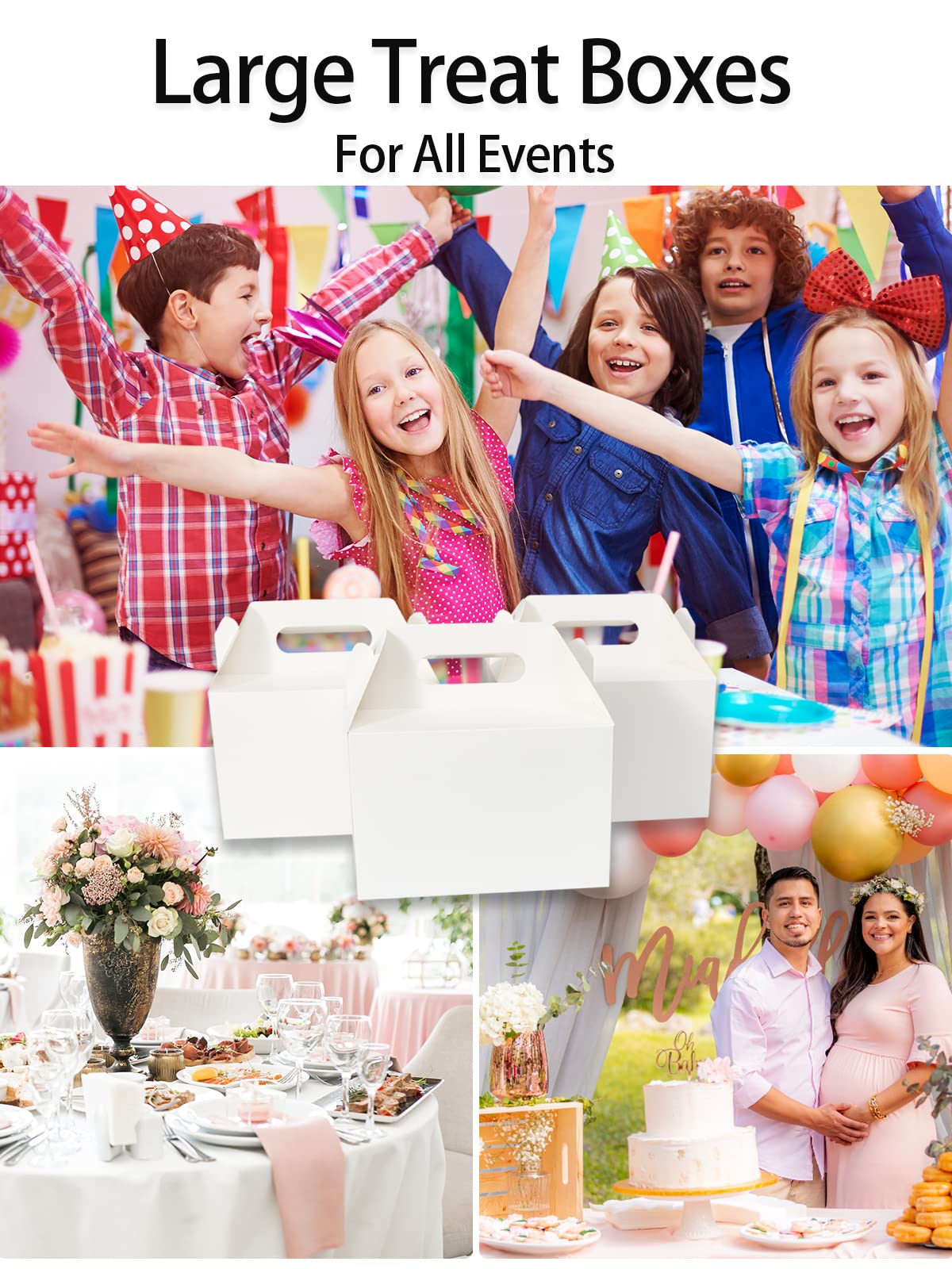 Happyhiram 30 CT Large Welcome Boxes with Handles White, 9x6x6 Gable Gift Easter Boxes Cardboard Paper Party Favor Boxes Barn Style Carry Out Box Recyclable Paper Gift Packaging Boxes for Food Box Lunch Cookies Donuts Baby Shower Bridal Shower Wedding