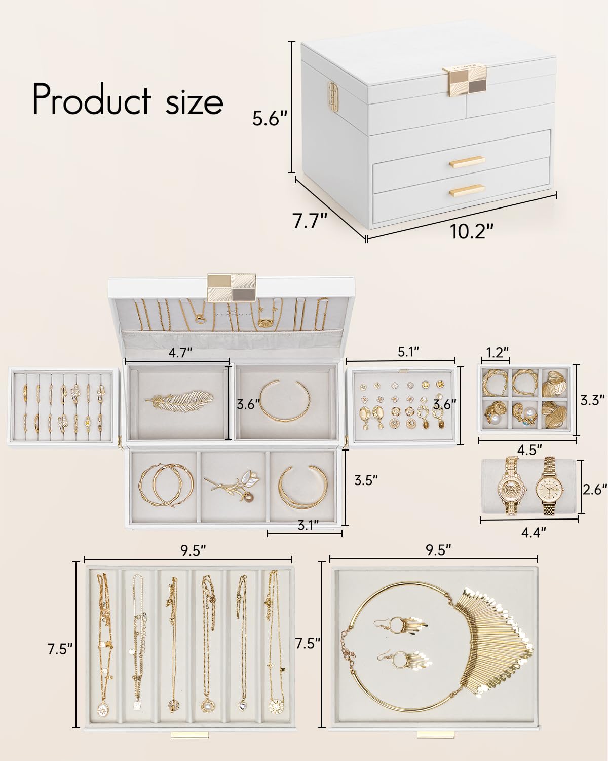 VLANDO 4 Layers Jewelry Box - Women Jewelry Box with Retractable Tray - Jewelry Organizer with Drawer for Necklaces, Rings, Bracelets, Earrings, Gift for Couples Mom Girls - White