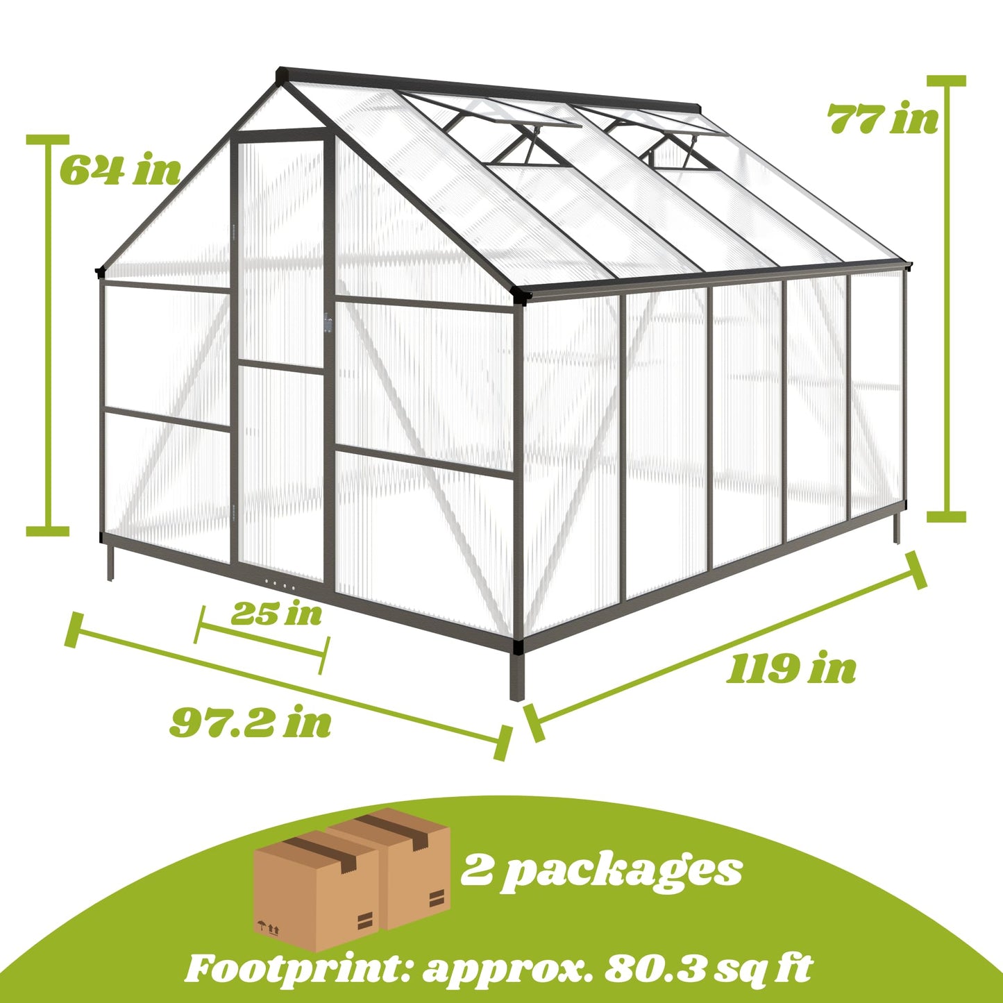 8x10 FT Greenhouse for Outdoors, Polycarbonate Greenhouse with Quick Setup Structure and Roof Vent, Aluminum Large Walk-in Green House for Outside Garden Backyard, Charcoal Black