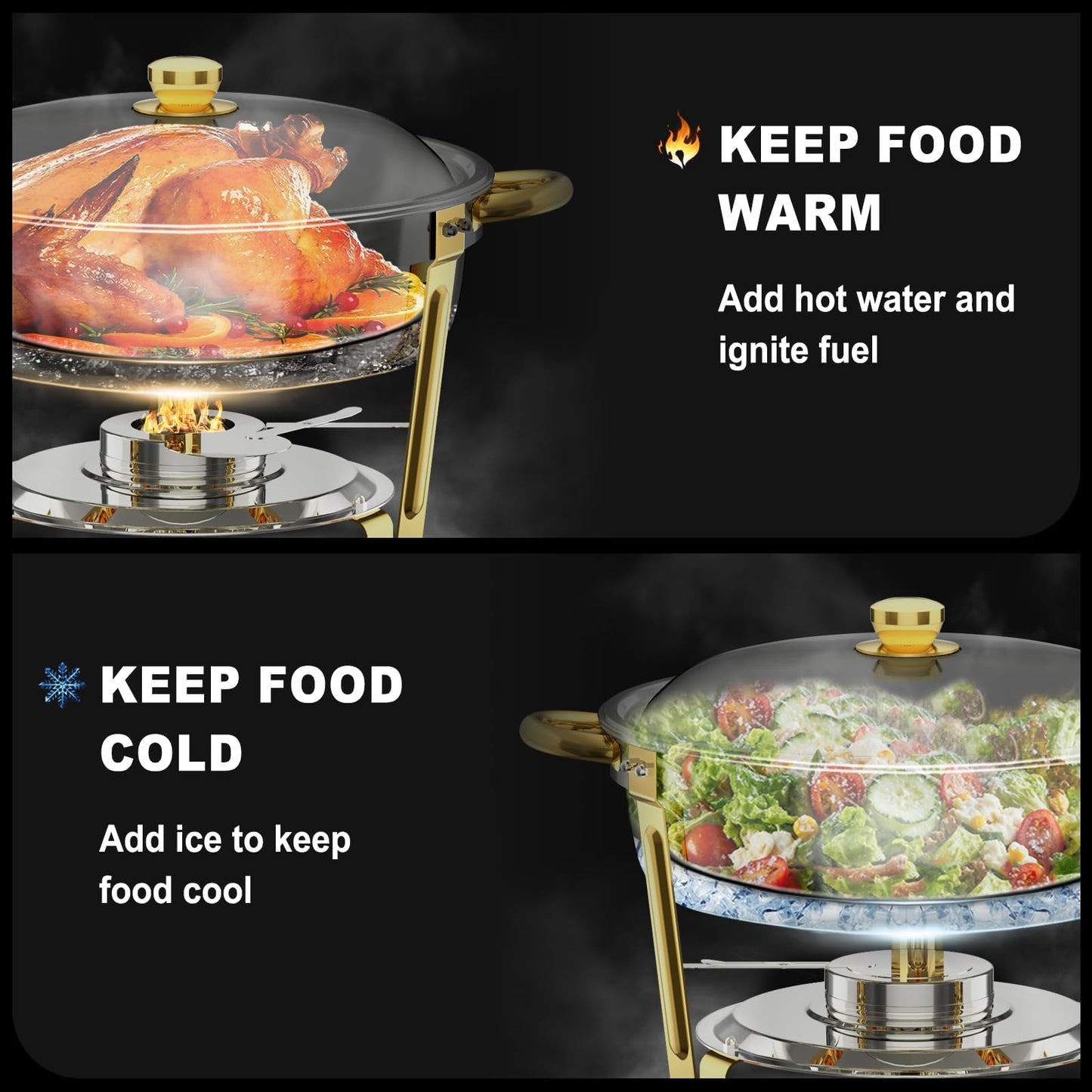 Chafing Dishes for Buffet 4 Pack, 6QT Round Chafing Dishes for Buffet [Elegant Gold and Silver Colors] Stainless Steel Chafing Dish Buffet Set for Any Party