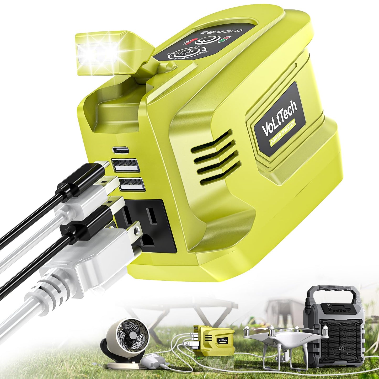 Real 200W Power Inverter Compatible with Ryobi 18V, VoLtTech Battery Inverter 18V to 110V-120V, Phone Charger USB Charger Adapter Power Adapter with 2 USB Ports & 1 Type-C & 1 AC Outlet (No Battery)