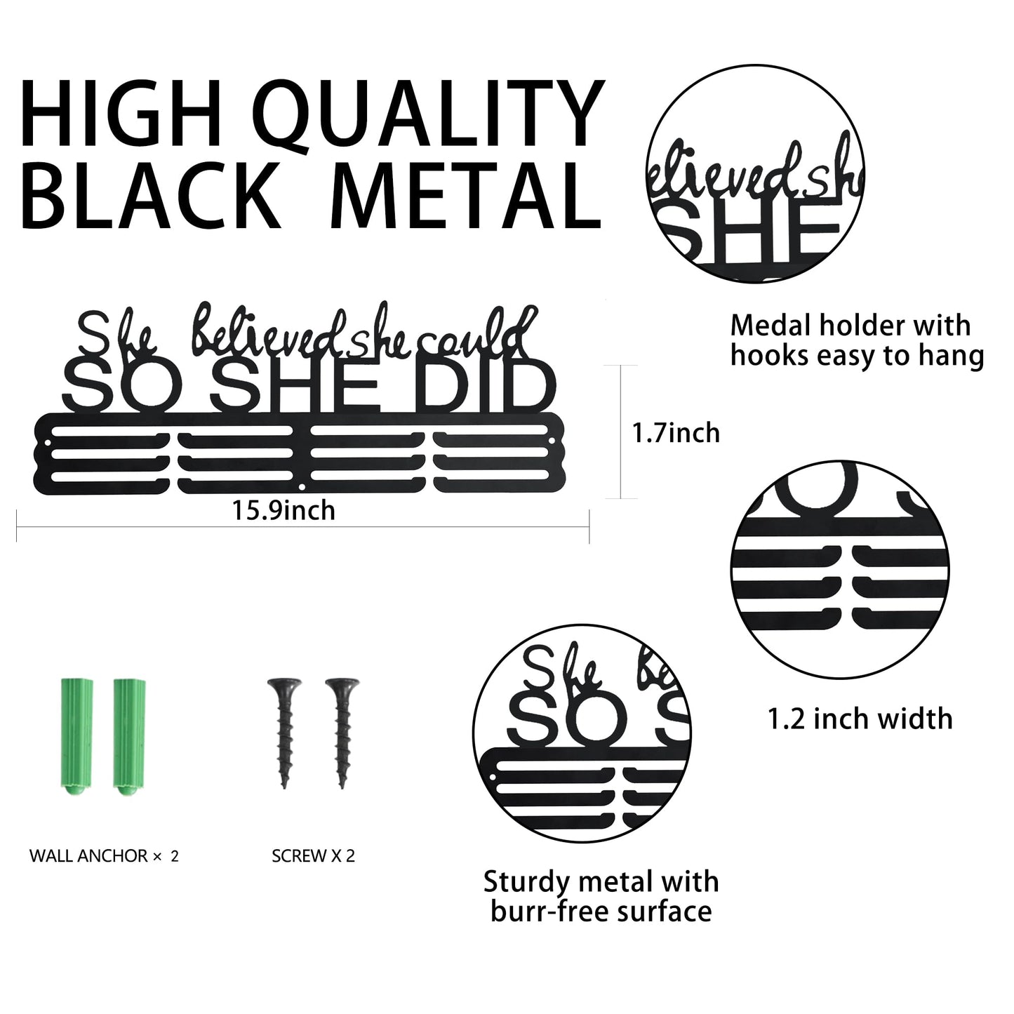 She Believed She Could So She Did Medal Hanger Display for Wall | Holds 60+ Medals | Sturdy Black Steel Sports Medal Holder Rack for Runners, Gymnastics, Dance | Inspirational Gift for Girls & Women