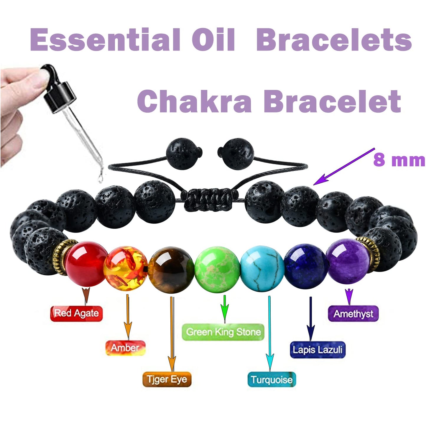 HEDQFM 2 PCS Chakra Bracelets Lava Rock Stone Aromatherapy Essential Oil Diffuser Adjustable Woven Bracelet and Elastic Rope Bracelet for Men and Women