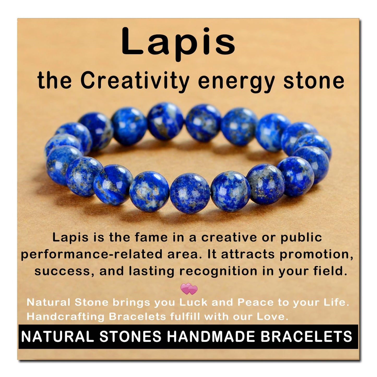 AD Beads Handmade Gemstone Stretch Elastic Bracelet Crystal Healing Reiki Nature's Beauty and Spiritual Essence Unisex (10mm, Lapis Lazuli)