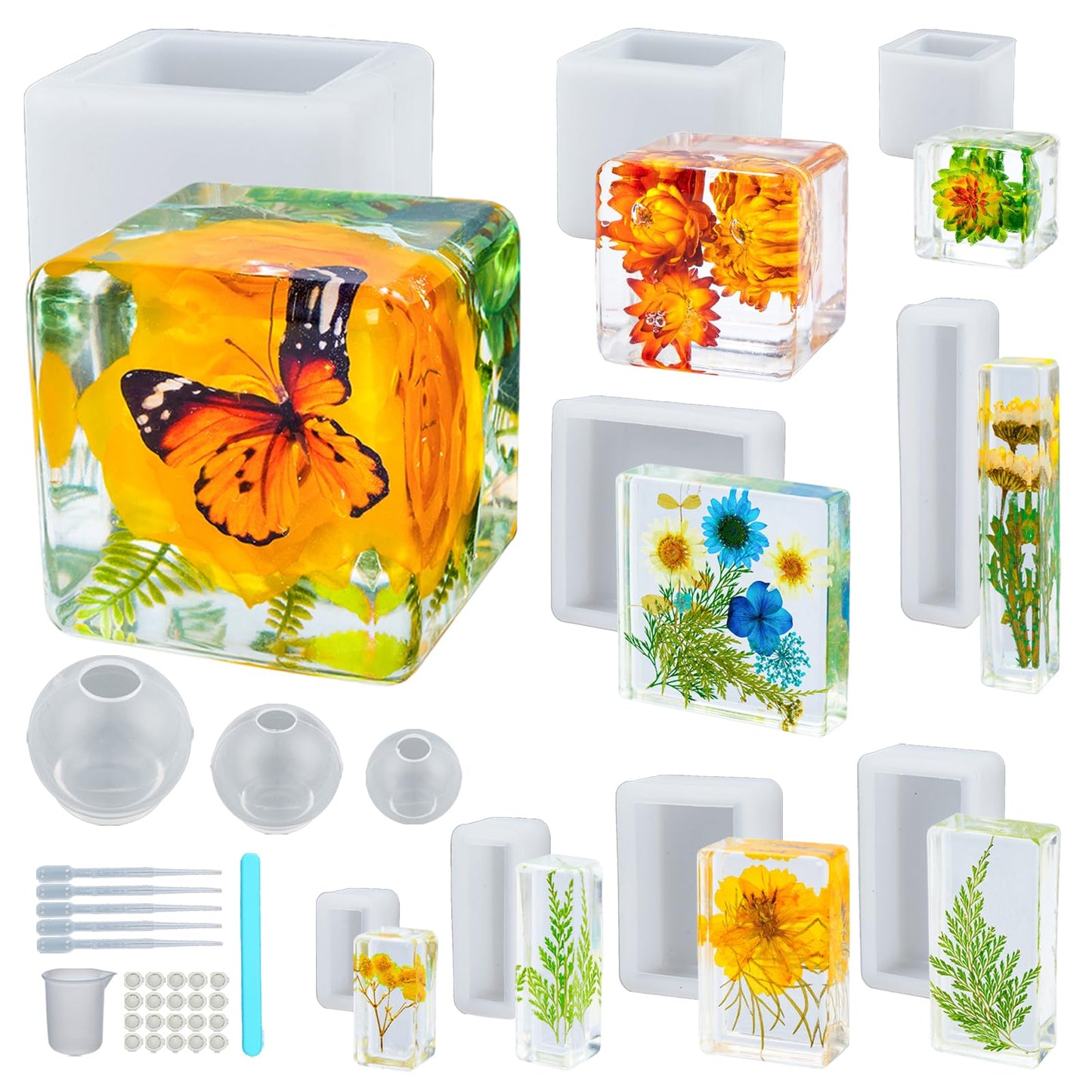 Large 4 Inch Resin Mold 12 PCS Glossy Deep Cube Sphere Silicone Molds with Tools Epoxy Resin Casting Mould for Preserving Flowers, Insect Specimens, DIY Art Craft Gift, Furniture Decor, Soap, Candle