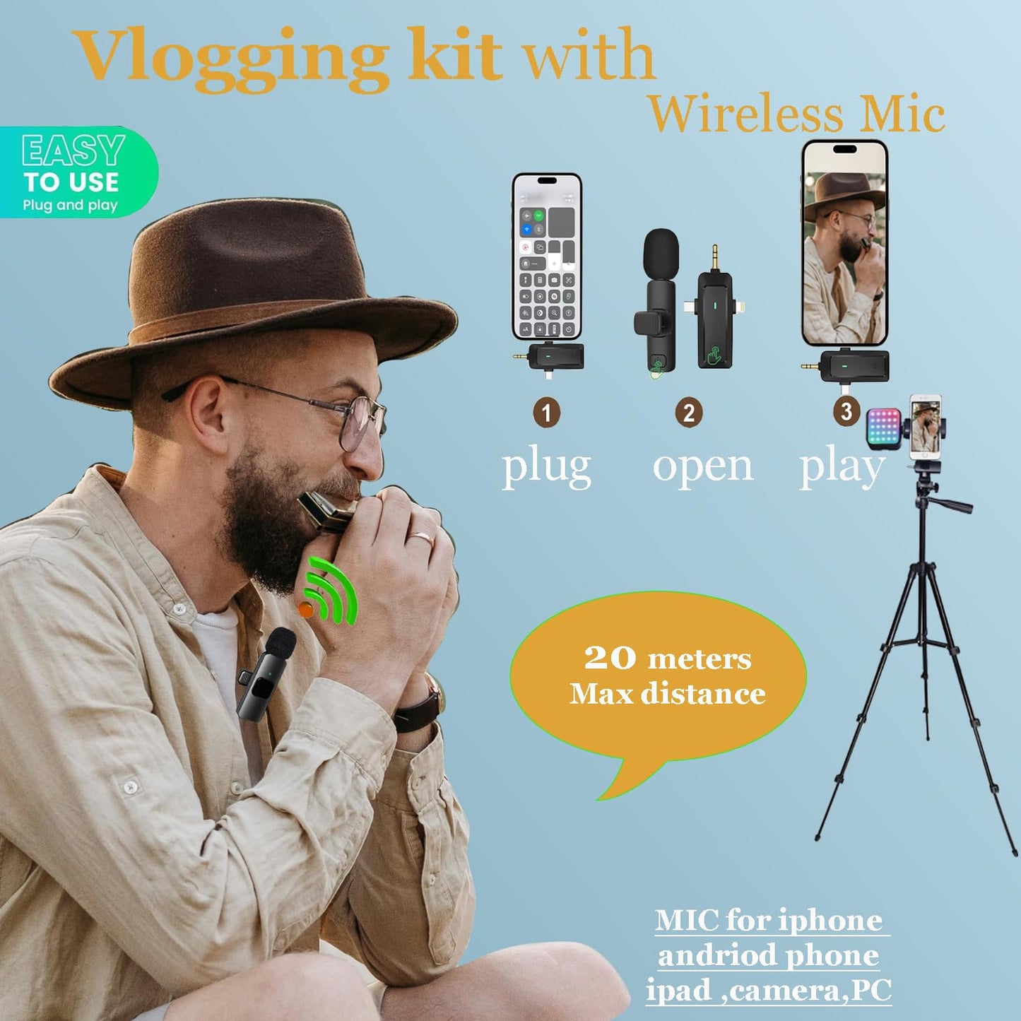 Litchitech Vlogging Kit for iPhone Andriod Phone, Content Creator Essentials,YouTube Begginer Kit with RotatableHolder/Lavalier Microphone/RGB Light/Remote/Extendable Tripod (60IN Tripod)