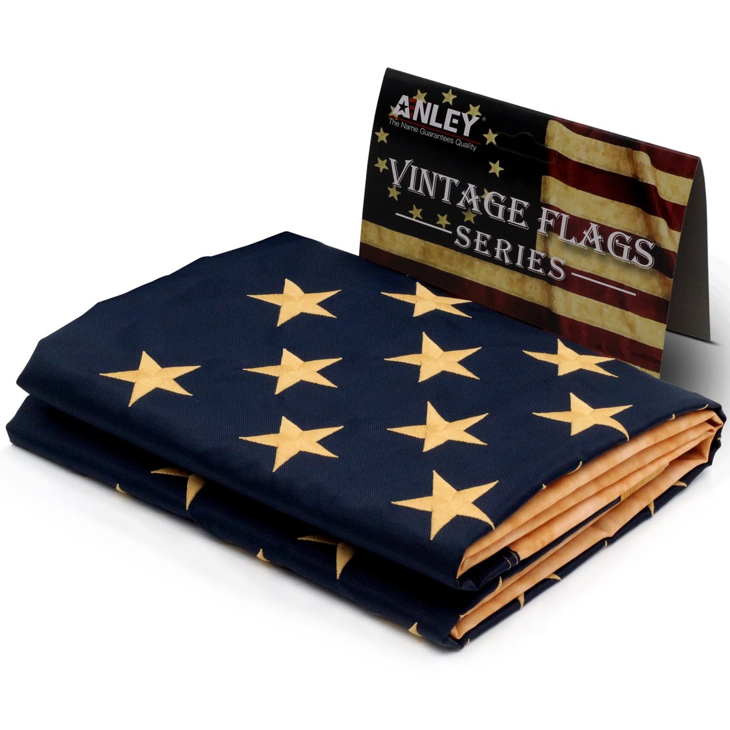 ANLEY Vintage Style Tea Stained American Flag 3x5 Foot - Embroidered Stars and Sewn Stripes - 4 Rows of Lock Stitching - Antiqued US National Banner Flags with Brass Grommets 3 X 5 Ft