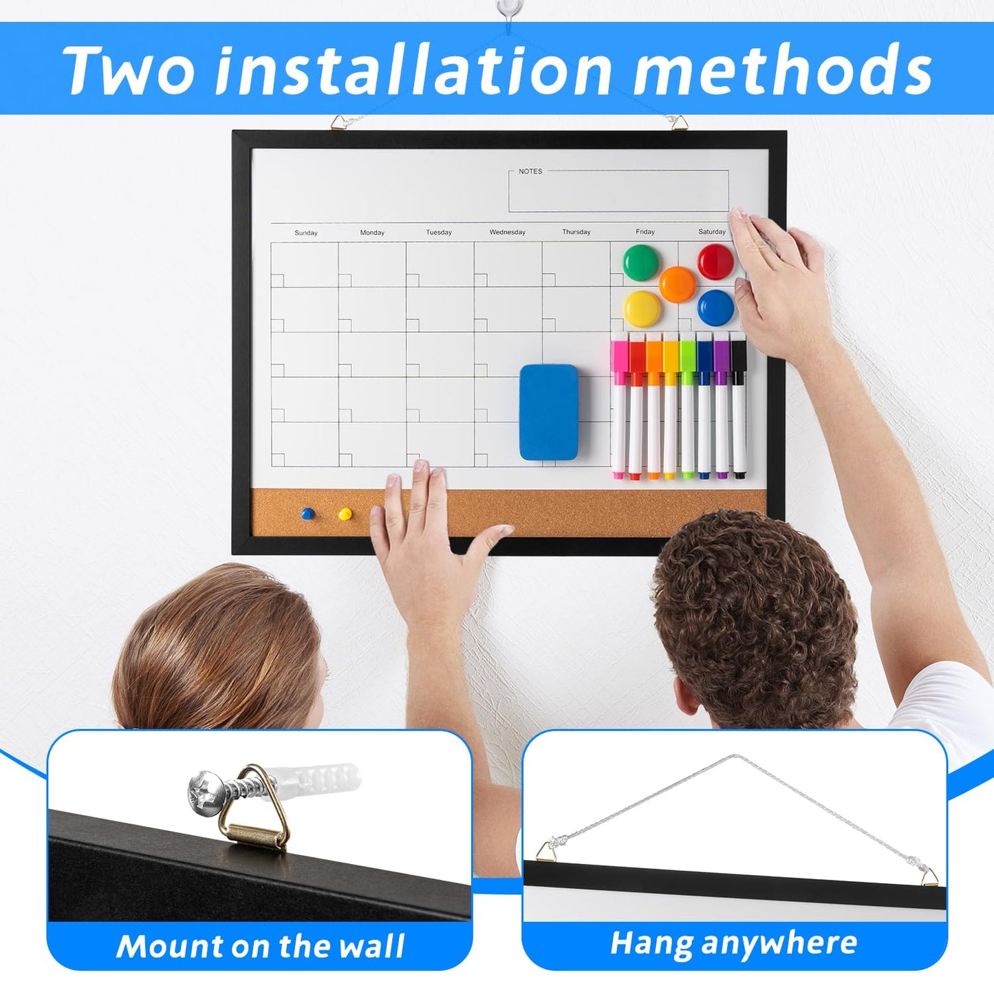 Dry Erase Calendar Whiteboard, 17" x 13" Magnetic Whiteboard Cork Board Combo, Reusable Monthly Planner with 8 Markers, Eraser, Magnets and Pushpins, Hanging Dry Erase Board for Home, School - Black