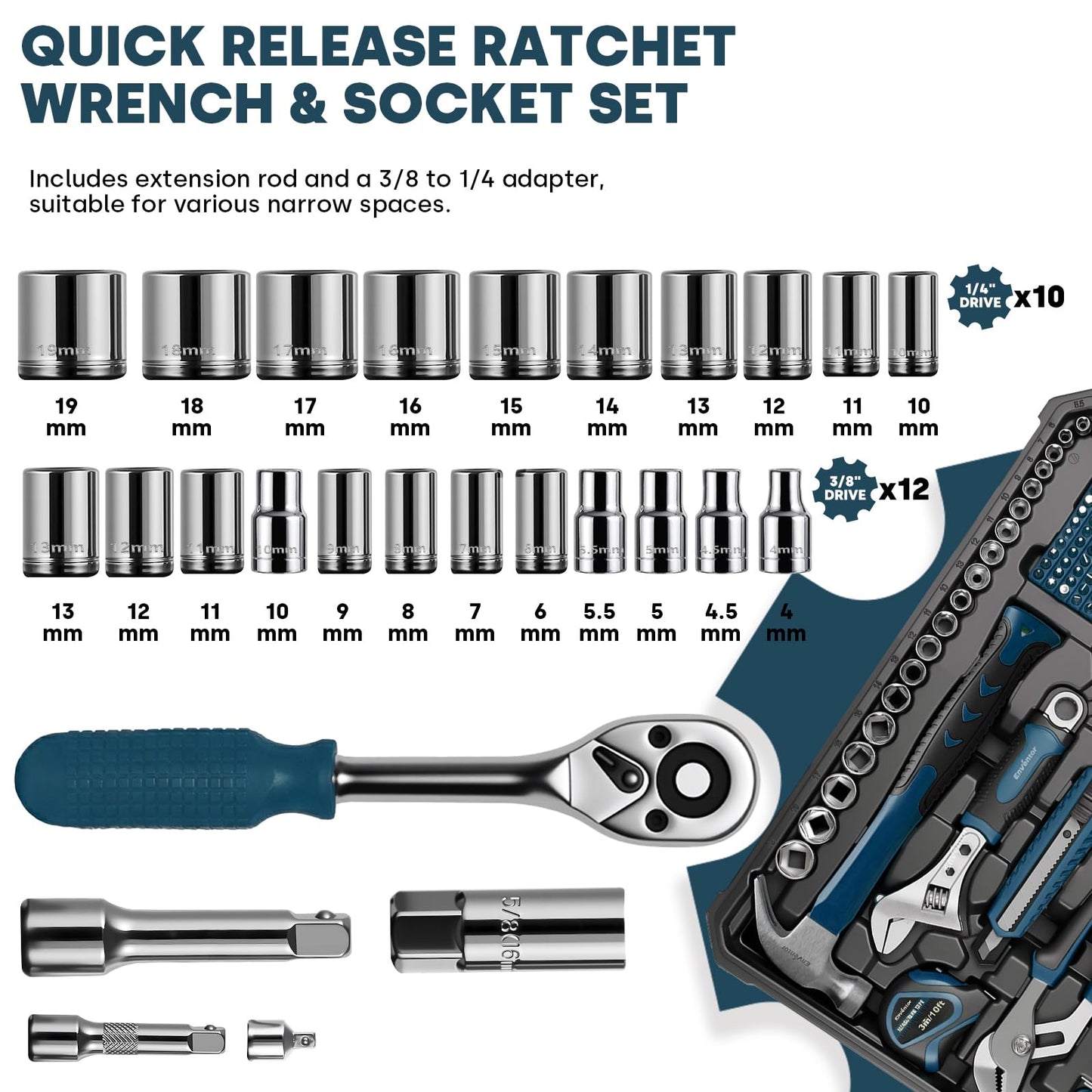 Enventor Tool Set, 220-Piece Home Tool Kit with Toolbox, Wrench and Hand Tools for Home Repairs, Auto Maintenance, DIY & General Use,Household Repair Tools for Men & Women, Blue