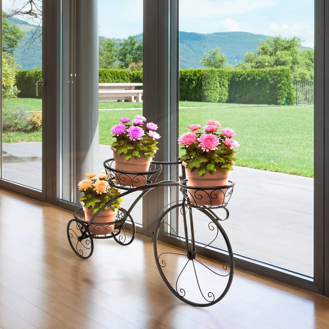 SHJC Tricycle Plant Stand Flower Herbs Holder Plant Pot Holder Flower Rack Flower Indoor Outdoor Garden Use, Perfect for Patios, Porches and Balconies,Brown