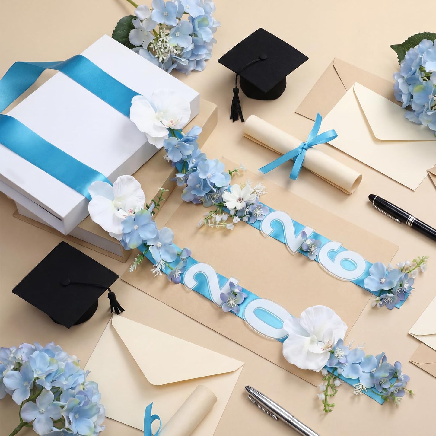 Janinka 65 Inch Graduation Lei Class of 2026 Hawaiian Flower Leis Artificial Flower Wreath Garland Necklace for College Congrats Grad Wedding Party Decor Supplies(Phalaenopsis Style,Blue)