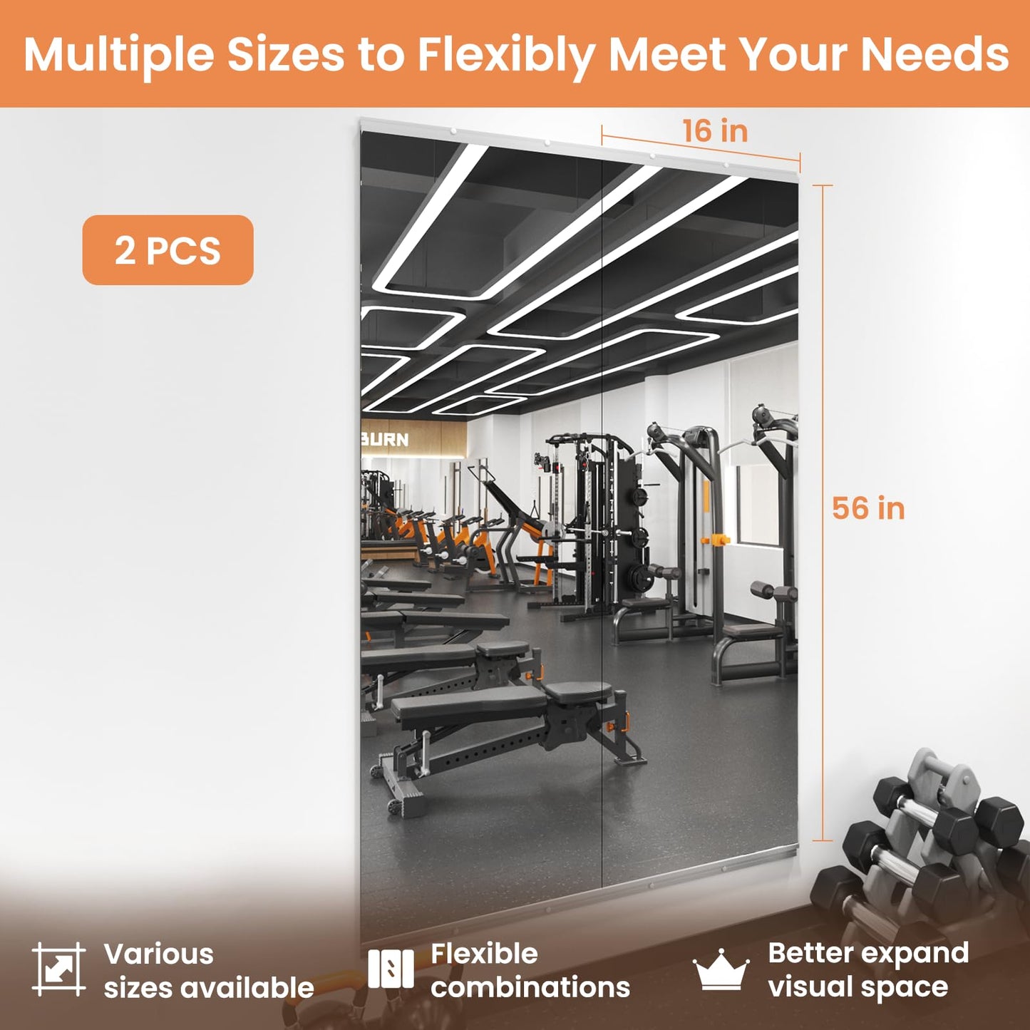 LOAAO Home Gym Mirror, 56"x16"-2 PCS Gym Mirrors for Wall, Frameless, Tempered Glass, Large Workout Mirrors for Home Gym, Dance Studio, Yoga Room, Garage Gym