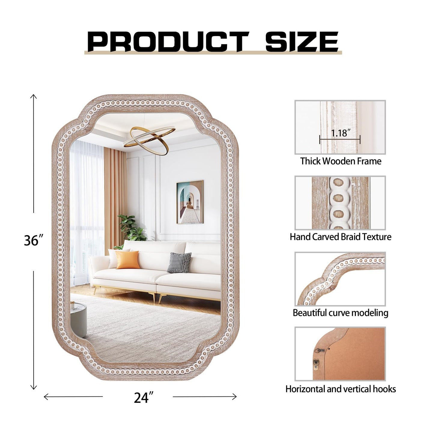 36x24 Inch Boho Wooden Scalloped Mirror for Entryway, Rustic Farmhouse Decorative Mirrors for Bathroom Over Sink, Living Room, Bedroom, Hallway (Vertical/Horizontal)