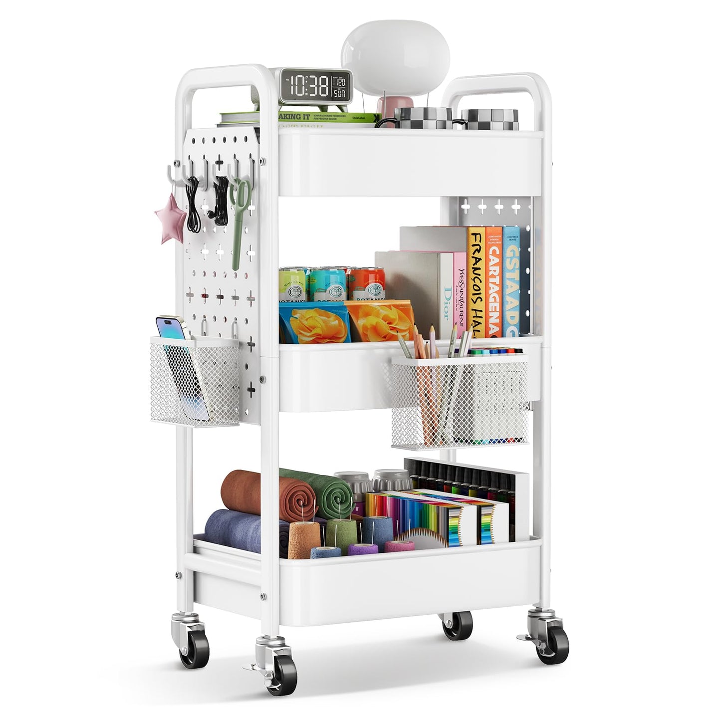3 Tier Rolling Cart Metal with DIY Pegboard, White Utility Cart with Lockable Wheels, Three Tiered Craft Cart Organizer on Wheel, Utility Roller Storage Carts for Art, Baby Diaper Caddy, Snack, Book