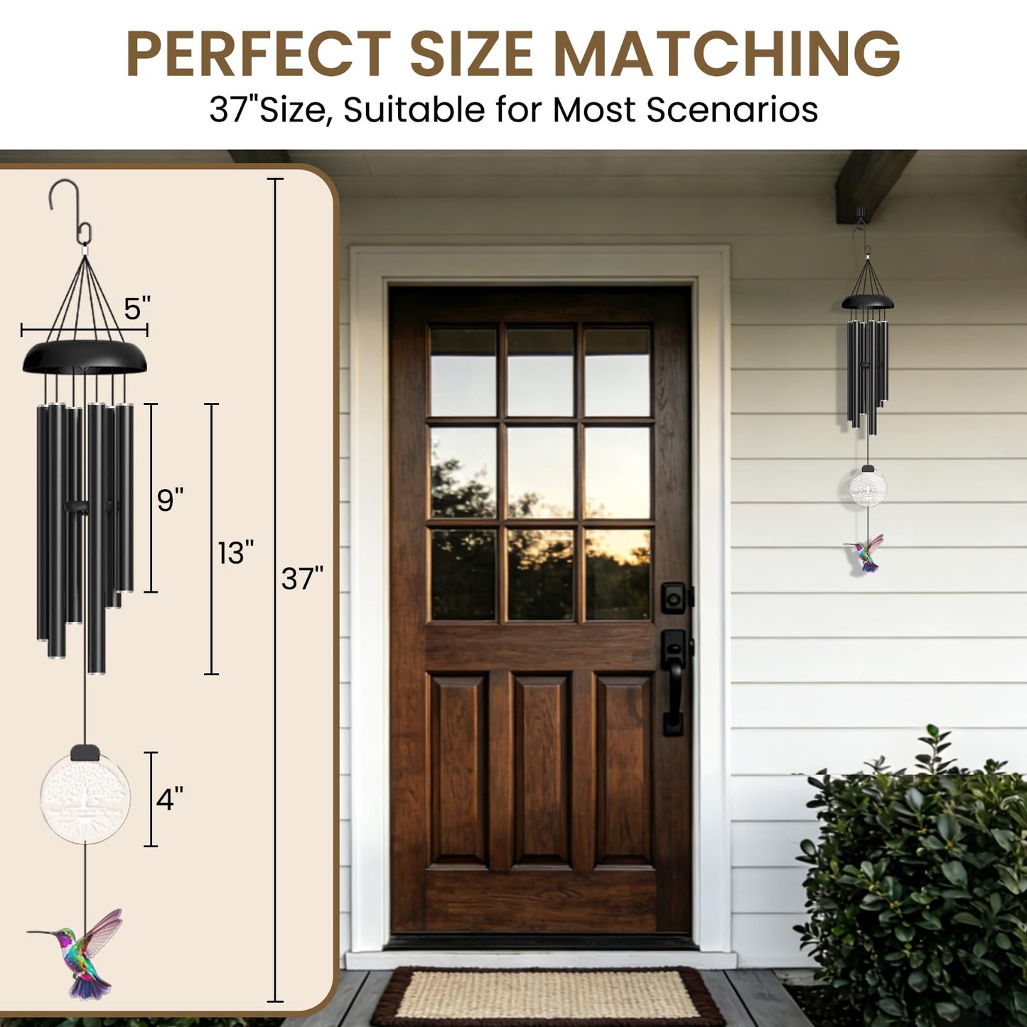 37" Solar Wind Chimes for Outside, Memorial Wind Chimes with Solar Powered Acrylic Lights & Hand-Painted Hummingbird – Sympathy Gift for Loss of Loved One, Outdoor Wind Chimes for Garden, Patio, Yard