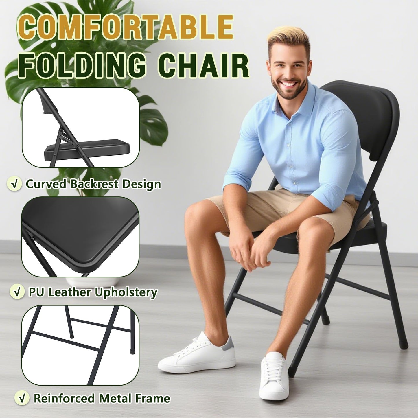 FurniEdge Padded Folding Chairs 4 Pack, PU Leather Folding Chairs for Outside and Indoor, Heavy Duty Portable Foldable Metal Chairs for Home Office, Dorm, Party, Backyard, Patio, Black