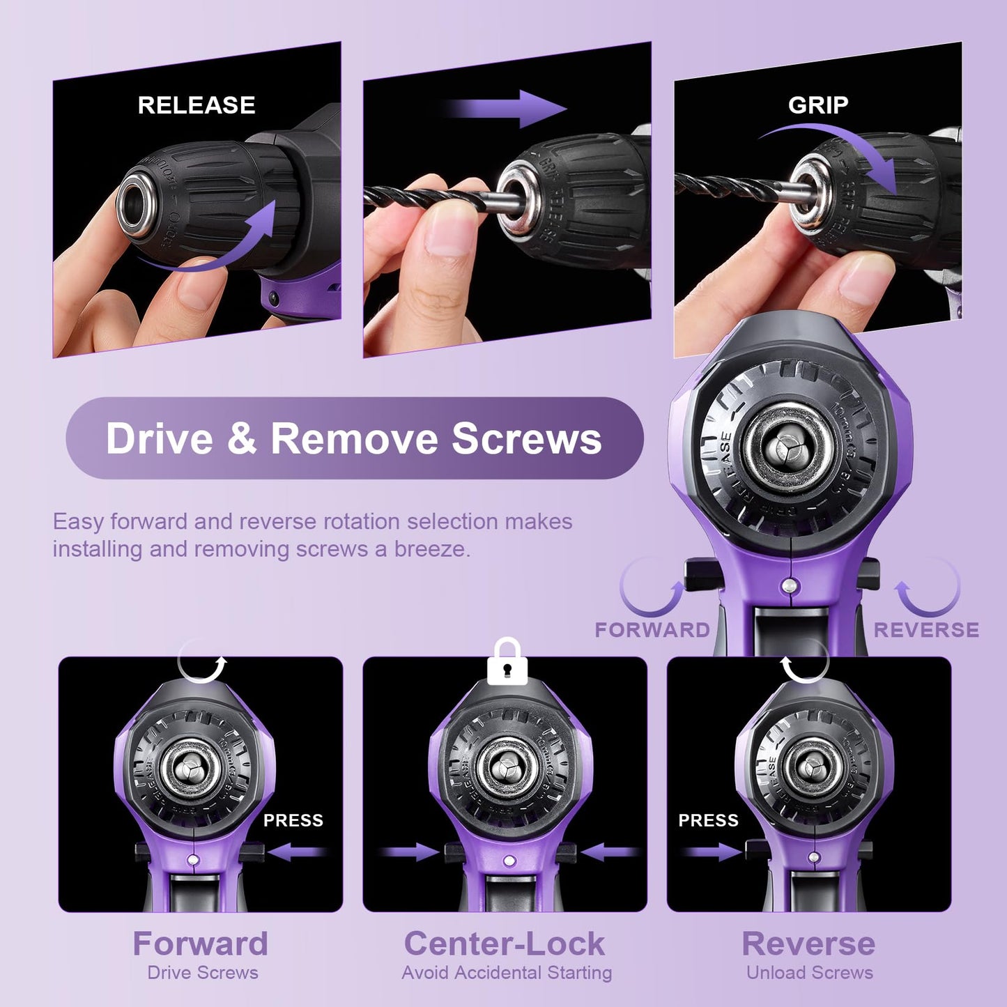 8V Cordless Drill Set, Built-in LED, Rechargeable Purple Power Drill with Drill & Screw Bits, 139-Piece Tool Set for Women & Men, Portable Tool Kit for Home Repairs, DIY Projects