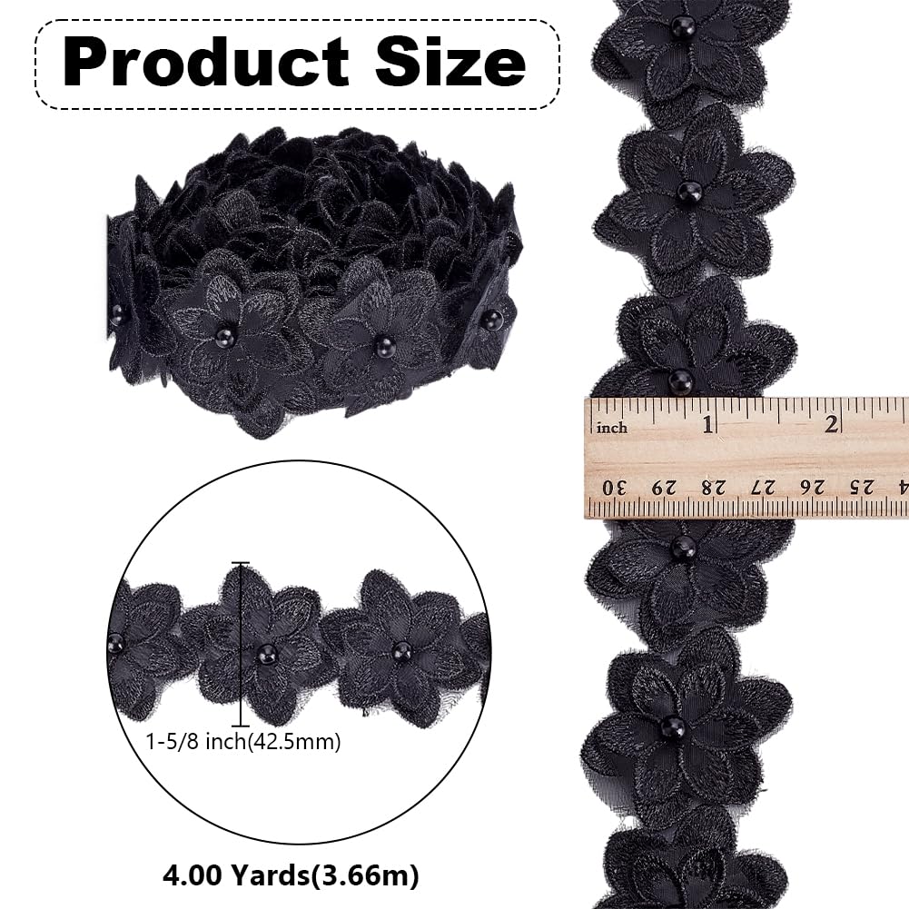 HOBBIESAY 4 Yards Pearl Trim Organza Lace Ribbon 1.67 Inch Wide Black Organza Flower Trim 3D Embroidered Applique Fabric for Sewing Craft Wedding Bridal Dress Clothes Embellishment