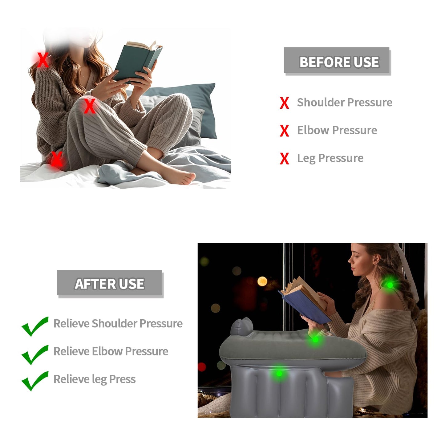 Nevife Inflatable Reading Pillow for Gaming,Laptop Pillow for Adult, Portable Inflatable Bed Pillow with Arm Rest for Adults Kids, Lap Desk for Laptop on Bed Couch, Travel Office Home Use