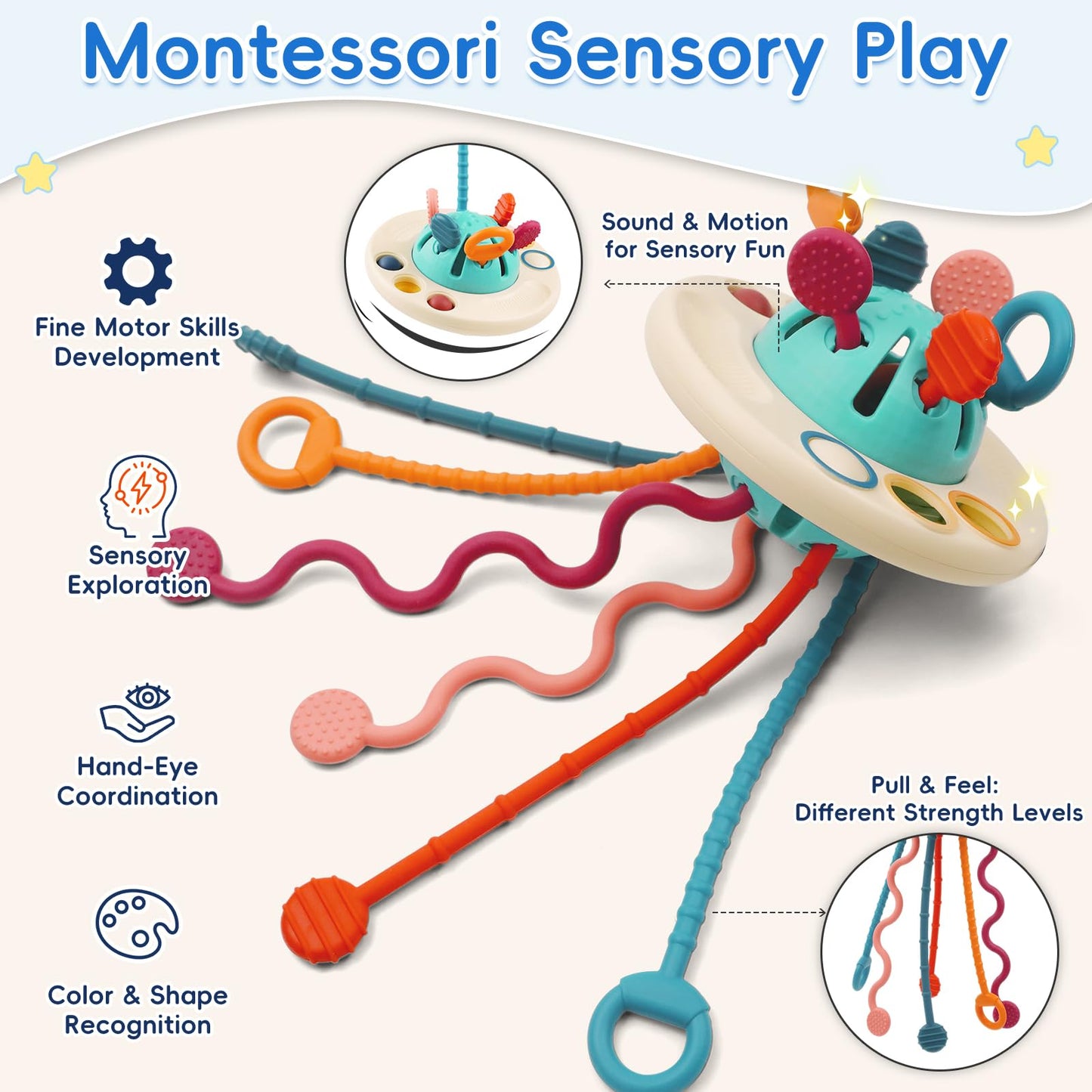 Fyxttalor Baby Toy for 12M+, Montessori Sensory Toy Play Set for Toddlers, UFO Pull String Toy in Stollers Educational Toy for Development Fine Motor Skills Gift for Boys& Girls