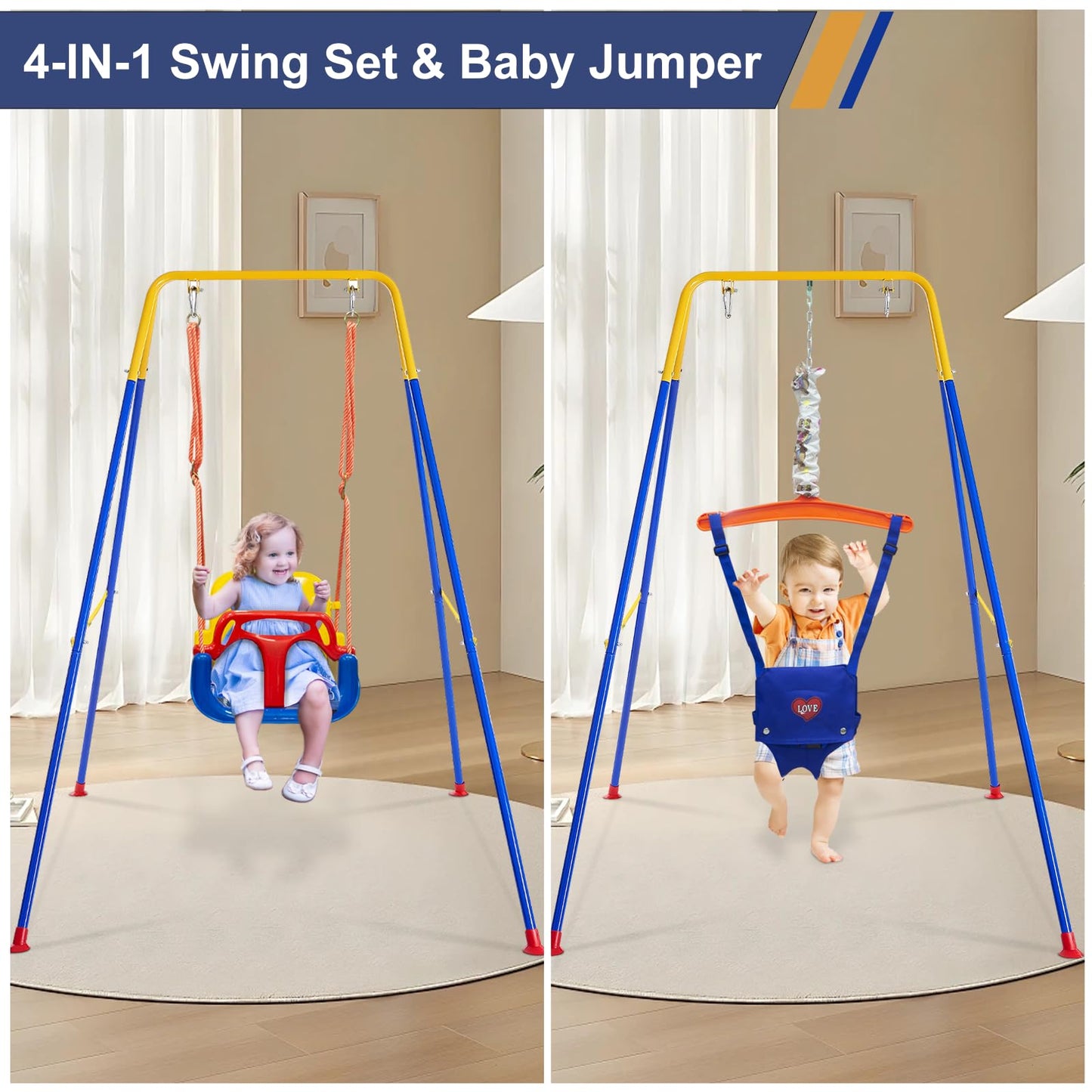 Toddler Swing Set, 3-in-1 Baby Swing Outdoor/Indoor, Toddler Swing&Jumper with Foldable Metal Stand, Baby Swing Outdoor for Aged 6 Months to 10 Years Old