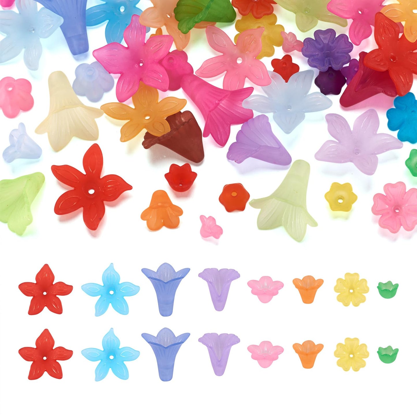 Pandahall 400pcs Mixed Acrylic Flower Beads Caps 8 Style Colorful Frosted Floral Spacer Loose Beads Lucite Beads Flower for Jewelry Making DIY Craft