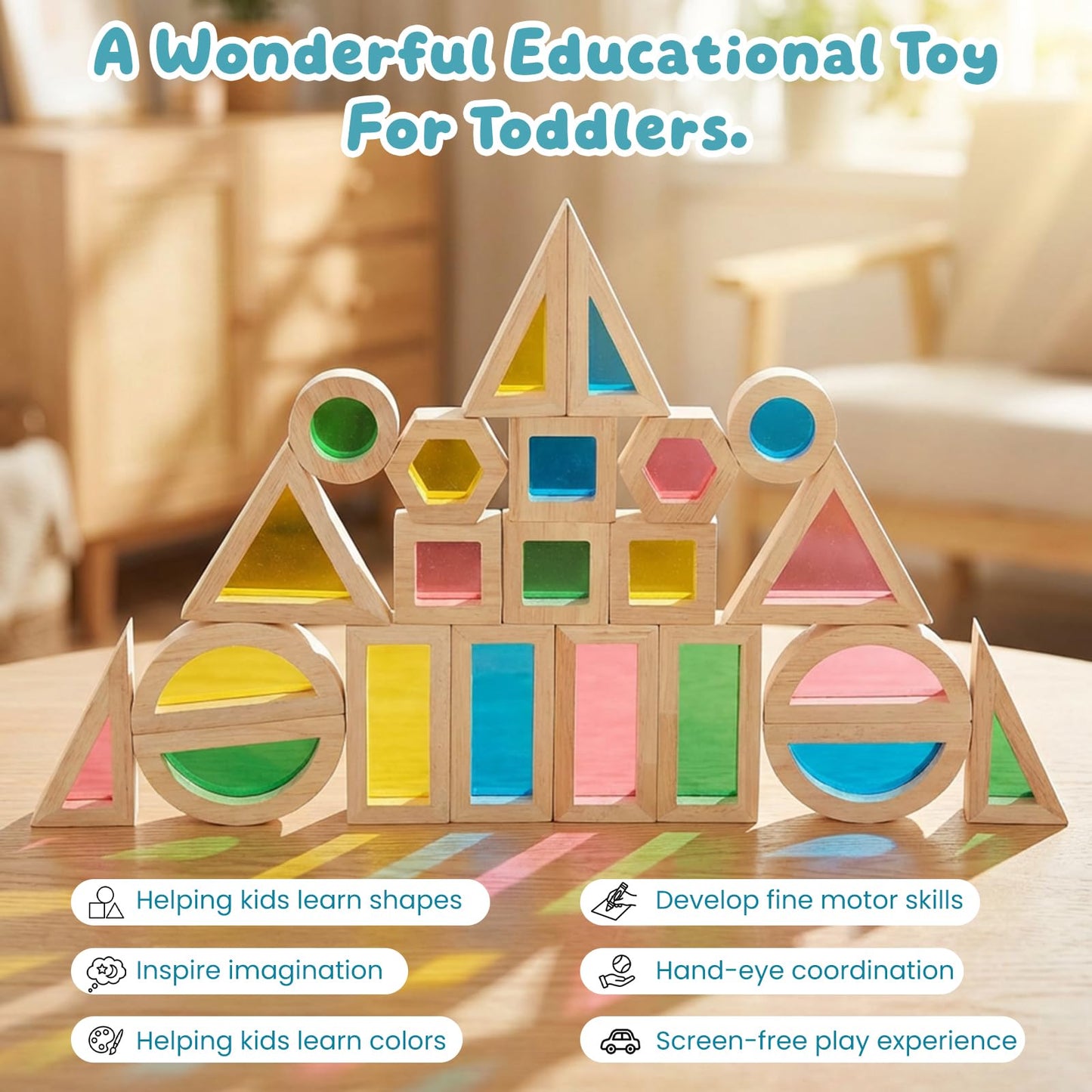 WOODENFUN Wood Building Blocks Set for Kids,Rainbow Stacker Stacking Game Construction Toys Set Preschool Colorful Learning Educational Toys, Geometry Wooden Blocks for Boys Girls