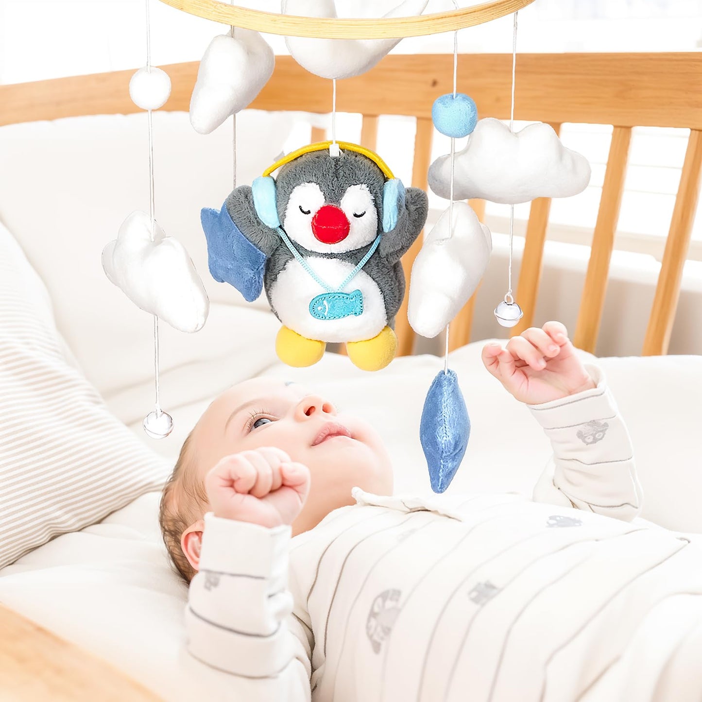 Baby Crib Mobile - Penguin Mobile for Crib, Handmade Furry Nursery for Boys and Girls, Baby Bassinet Mobile Toy - Shower Set for Infant Bedroom Hanging Decoration