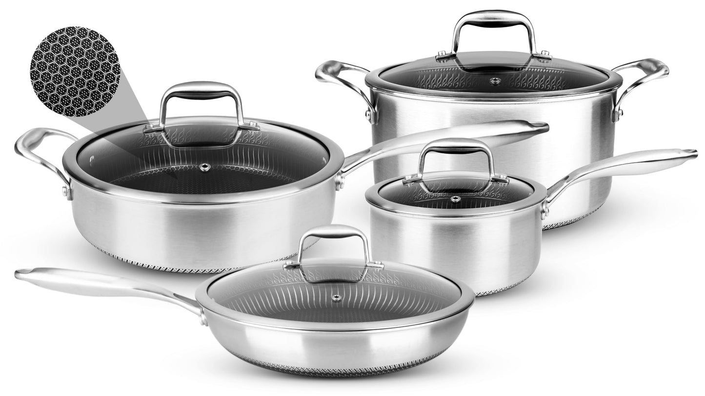 NutriChef 8-Piece Triply Cookware Set Stainless Steel - Triply Kitchenware Pots & Pans Set Kitchen Cookware, Non-Stick Coating - Sauce Pot, Stew Pot, Cooking Pot, Frying Pan, Lids - NC3PLY8Z