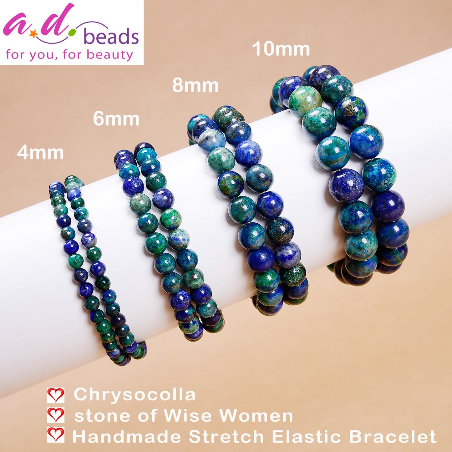 AD Beads Handmade Gemstone Stretch Elastic Bracelet Crystal Healing Reiki Nature's Beauty and Spiritual Essence Unisex (4mm, Chrysocolla (Wise Women))