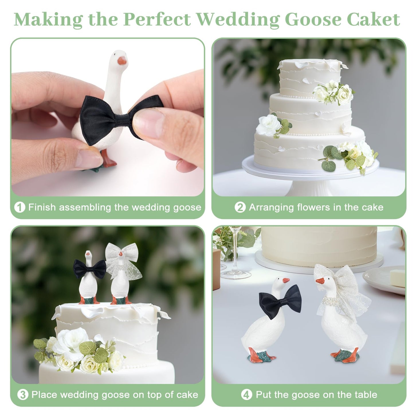 BruinBang Goose Couple Wedding Cake Topper, Handmade Resin Bride & Groom Figurines with Flower Accents for Wedding Bridal Shower Engagement Anniversary, Romantic & Funny Table Centerpiece (22 pcs)