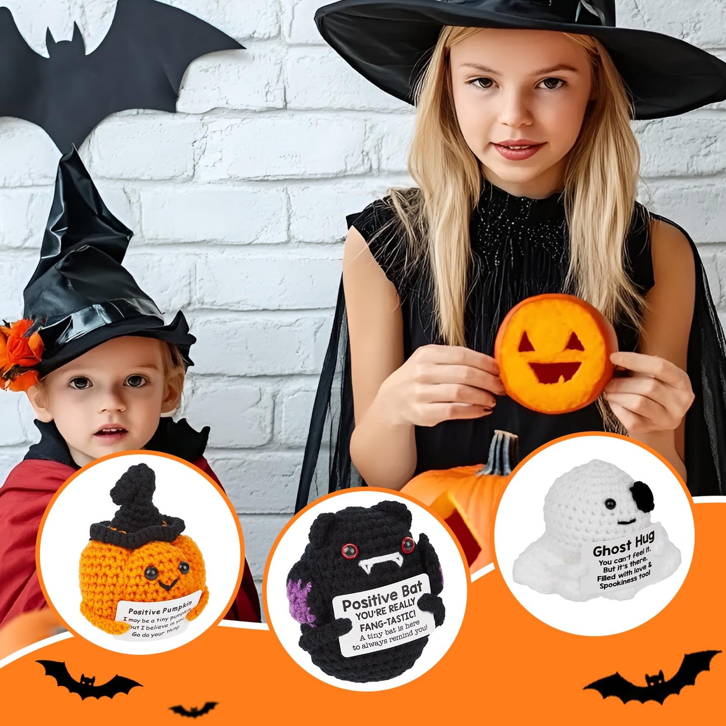 HICFRWE Positive Crochet Animals, Halloween Decor Indoor, Positive Pumpkin Bat Ghost Emotional Uplifting Support Crochet Animals, Ideal for Women Friends Teens