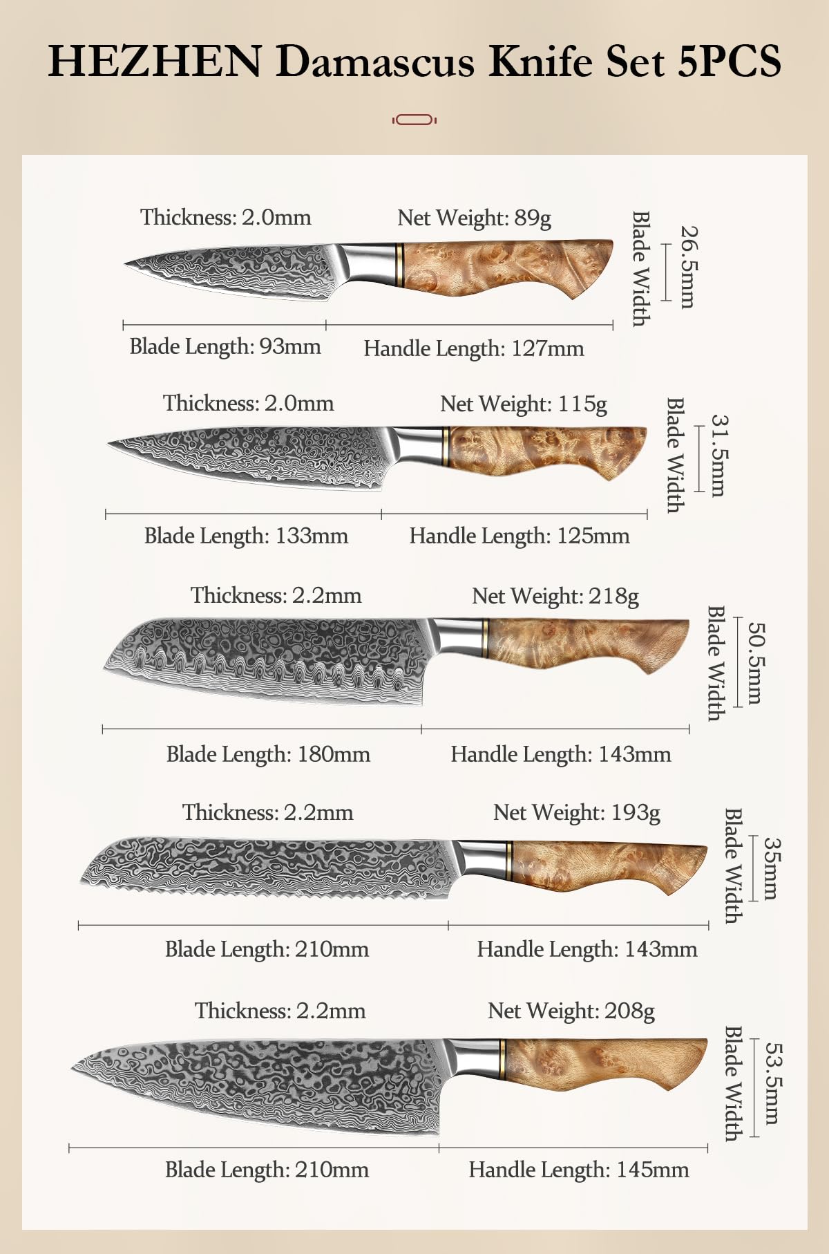 HEZHEN Damascus Kitchen Knives Set, Damascus Steel Japanese Style Chef Knife Utility Knife Santoku Knife,Figured Sycamore Wood Handle