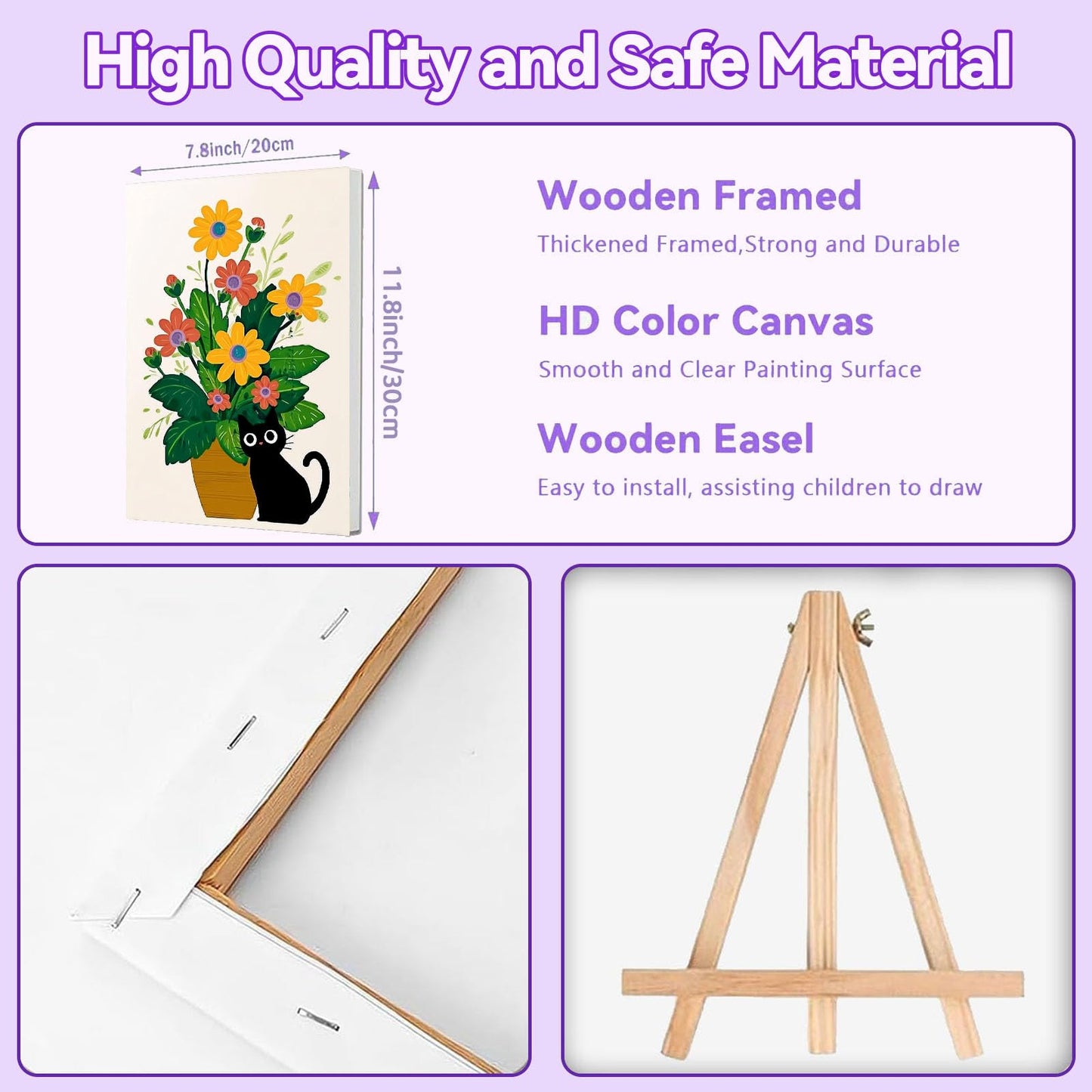 Gemozaic 4 Pack Cat Paint by Numbers Kit for Adults with Frame and Easel, Plant Easy Paint by Numbers for Adult Beginner and Teens, DIY Acrylic Number Painting, 8x12 Inch