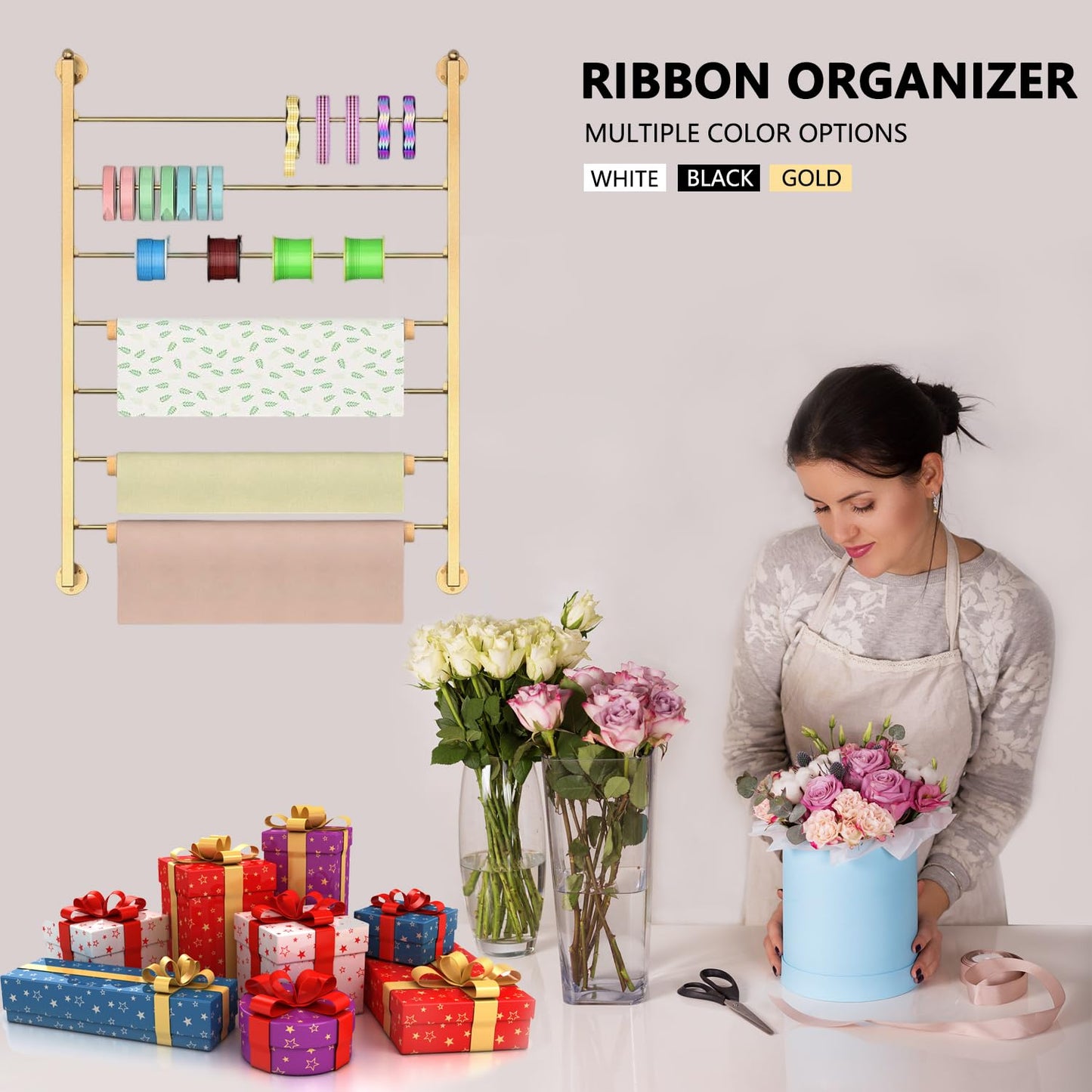 Ribbon Organizer, 7 Tier Wall Mounted Metal Holder ,Holiday/Birthday Gift Wrapping Organizer Storage Ribbon Storage Rack for Craft Cake Shop Flower Store,Tie Scarf Rack Belt Towel Holder(Gold)