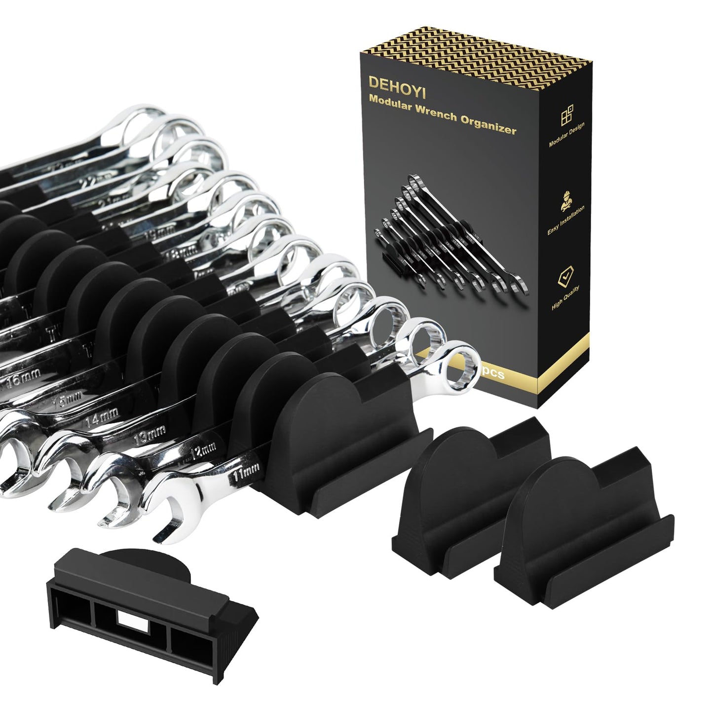 48 pcs MAGNETIC Modular Wrench Organizers for Tool Drawers - Wrench Rack with Metric&SAE Labels, Perfect Tool Storage Holder with Magnet. Gift for father, brother and boyfriend (Black with Magnets)
