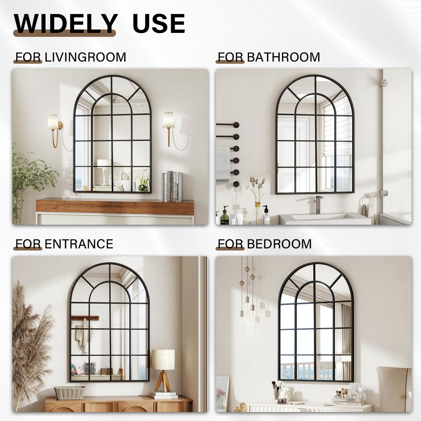 Riskioir 30"×40" Windowpane Arched Wall Mirror, Grid-Designed Decorative Farmhouse Wall Mounted Mirror with Metal Frame Hanging Leaning for Entryway, Living Room, Home Decor, Black