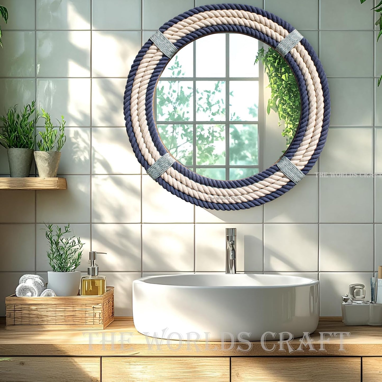 The Worlds Craft Nautical Round Rope Mirror - White Twisted Rope Wall Hanging Mirror, Rustic Boho & Coastal Farmhouse Décor for Bathroom, Bedroom, Nursery, or Entryway