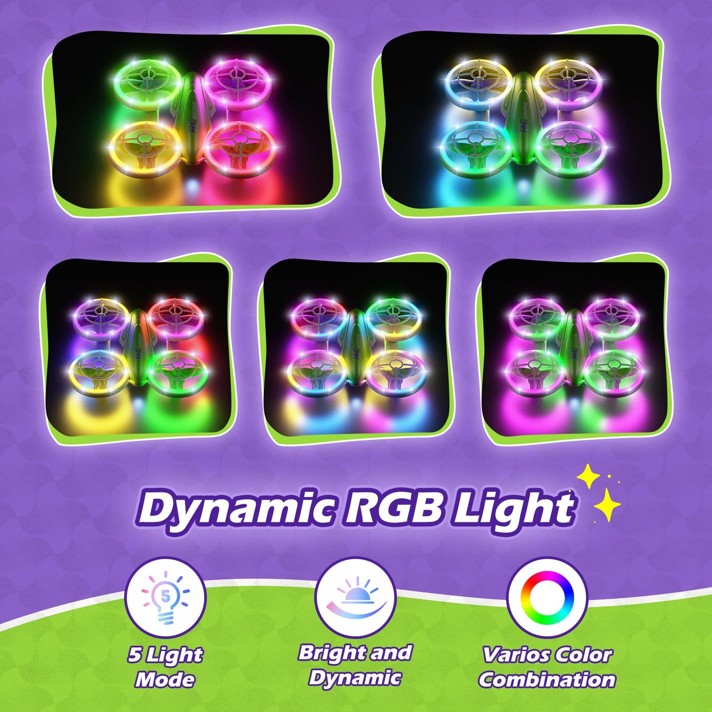 LED RC Drone for Kids 6+, Christmas Birthday Gift for Boys & Girls with Remote Batteries, 360° Flip, High Speed Mode, 45 Min Flight Indoor and Outdoor Flying Toy - GreenPurple