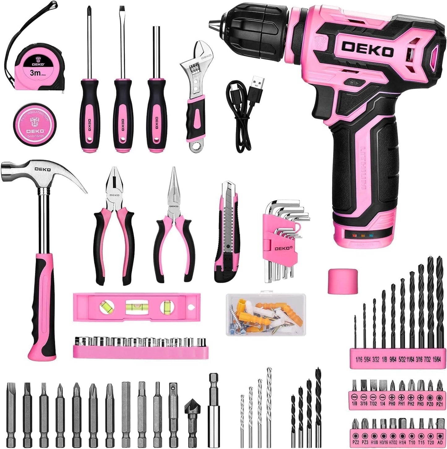 Pink Drill Tool Set Kit DEKOPRO Power Cordless Drill Tool Box with 12V Electric Pink Drill Driver Set for Women Home Hand Repair Tools Sets Drills Case